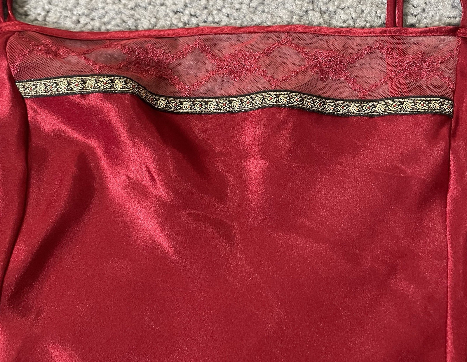 Vtg 80s Delicates Satin Nightie Sleepwear Sz L Red Lace Trim Slit Straps Sexy