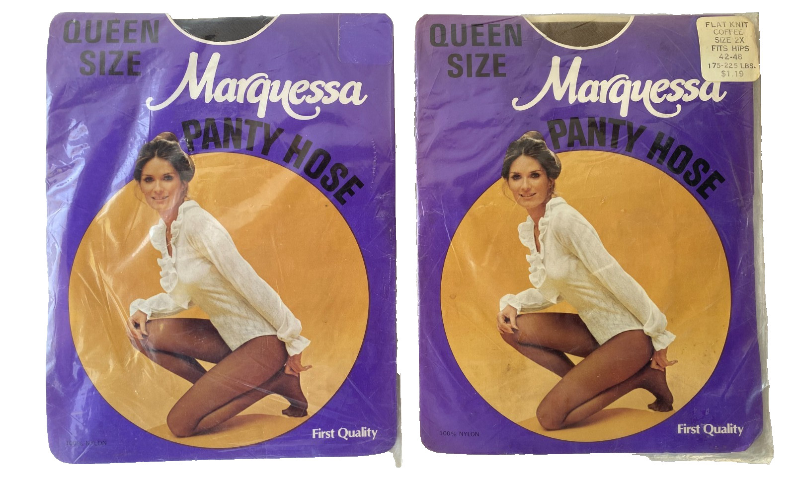 Vtg 80s Lot 2 Pair Flat Knit Pantyhose Coffee & Off Black NOS 2X