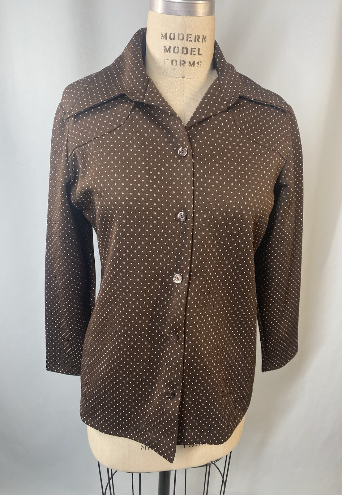 Women’s Vintage Top SIZE LARGE 14 brown polka dot yoke 60s 70s point collar