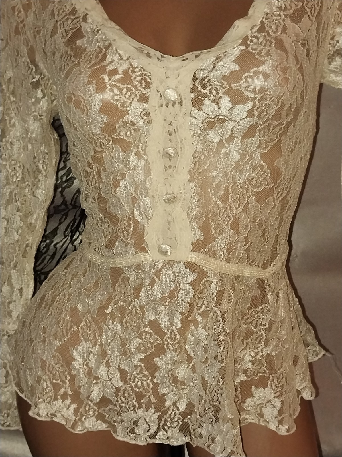 VTG Silky Sheer LACE PEPLUM SEE THRU BLOUSE PRAIRIE BOHO COTTAGE S P/M