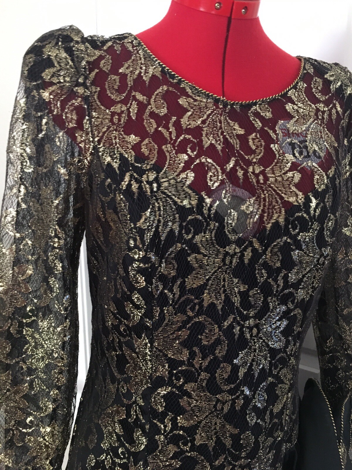 1980s 1990s Party Samir Antonio Ruspoll Dress Black Gold Sz 14 Lace flamenco