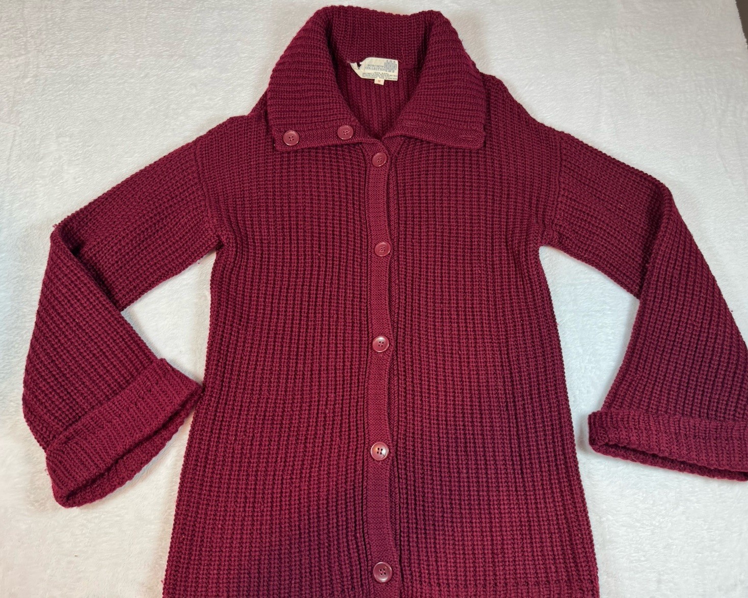Vintage Horchow 100% Wool Cardigan Bell Sleeves Maroon 80’s Cable Knit