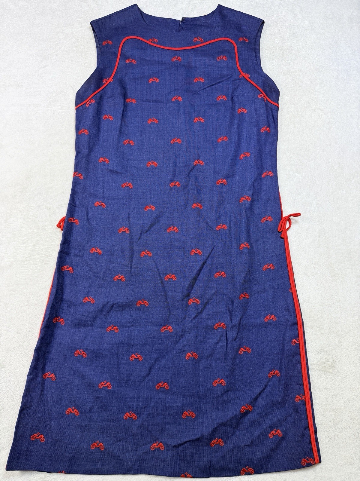 VTG Rare Abercrombie & Fitch Linen Shift Dress Navy Embroidery Scooterz USA 16 L