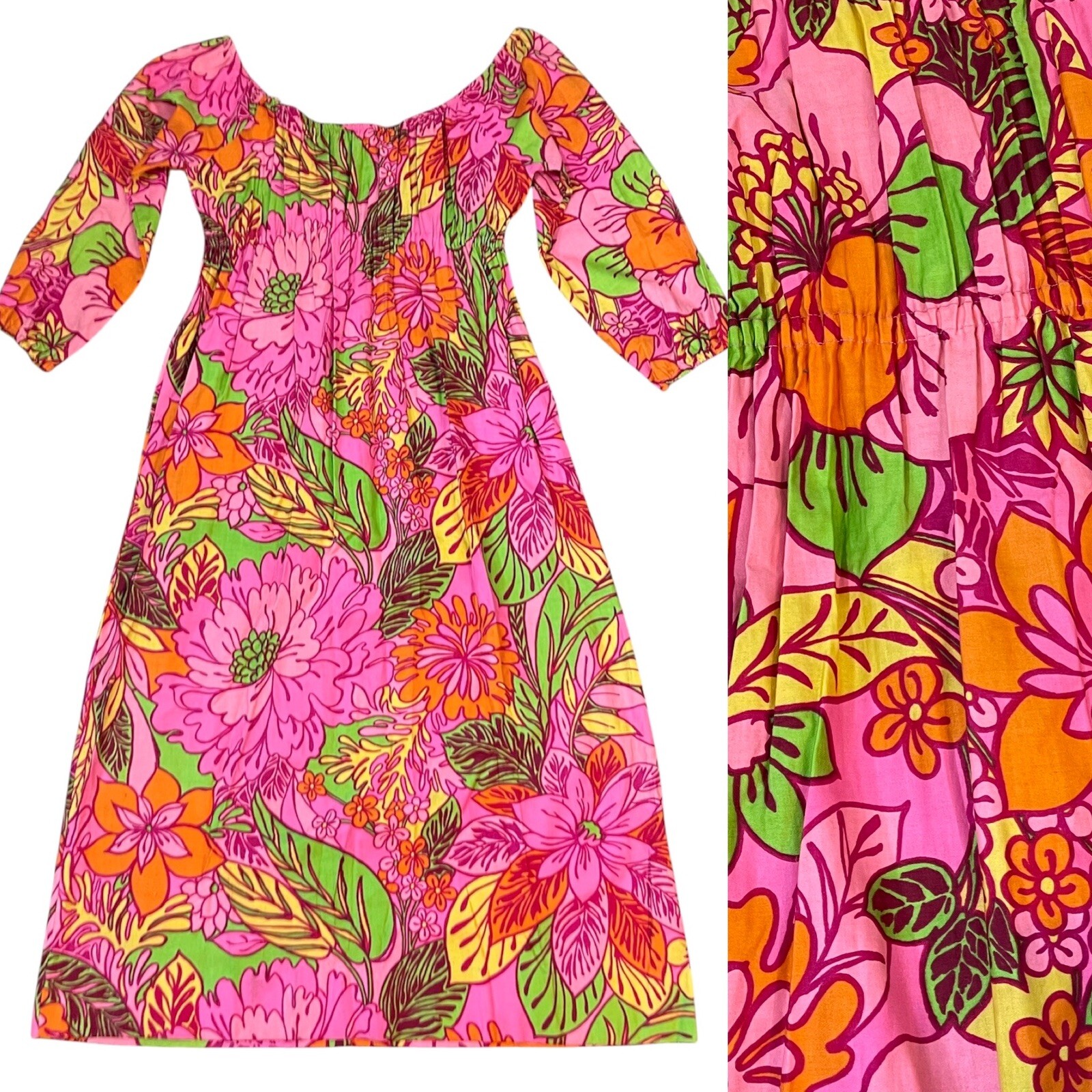 Vintage 60’s FLORAL MUMU MAXI DRESS Kaftan Groovy HAWAIIAN Lounge Retro Hippie