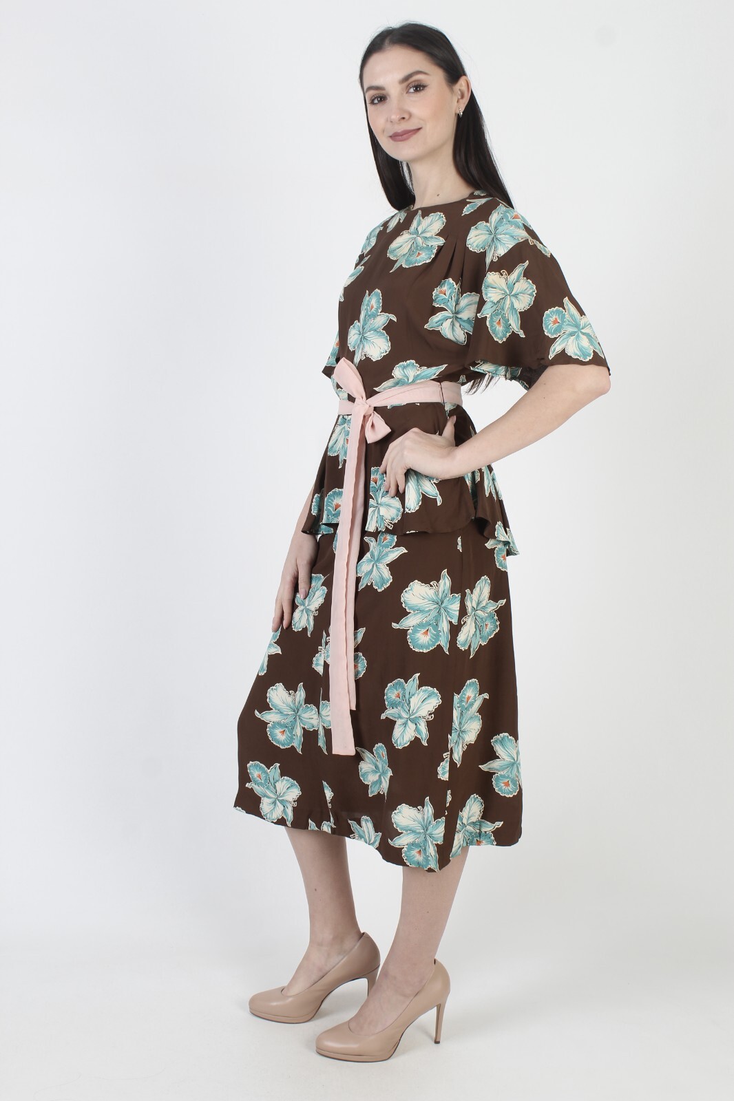 Vintage 40s Deco Dress Metal Side Zipper Peplum Full Skirt Hawaiian Tiki MCM