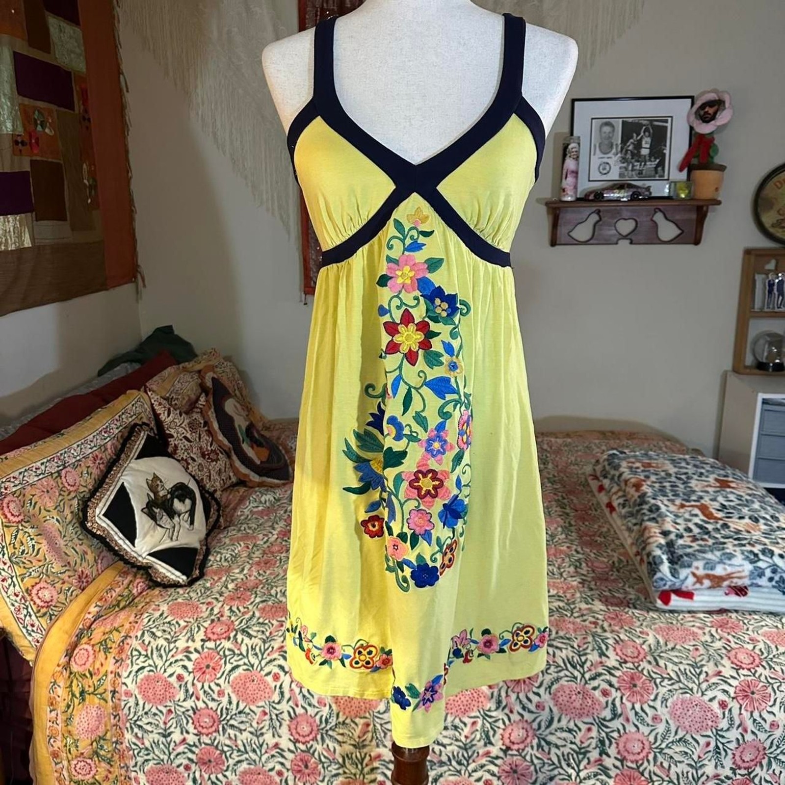 Yellow and Navy Summer Floral Embroidered Mini Summer Dress