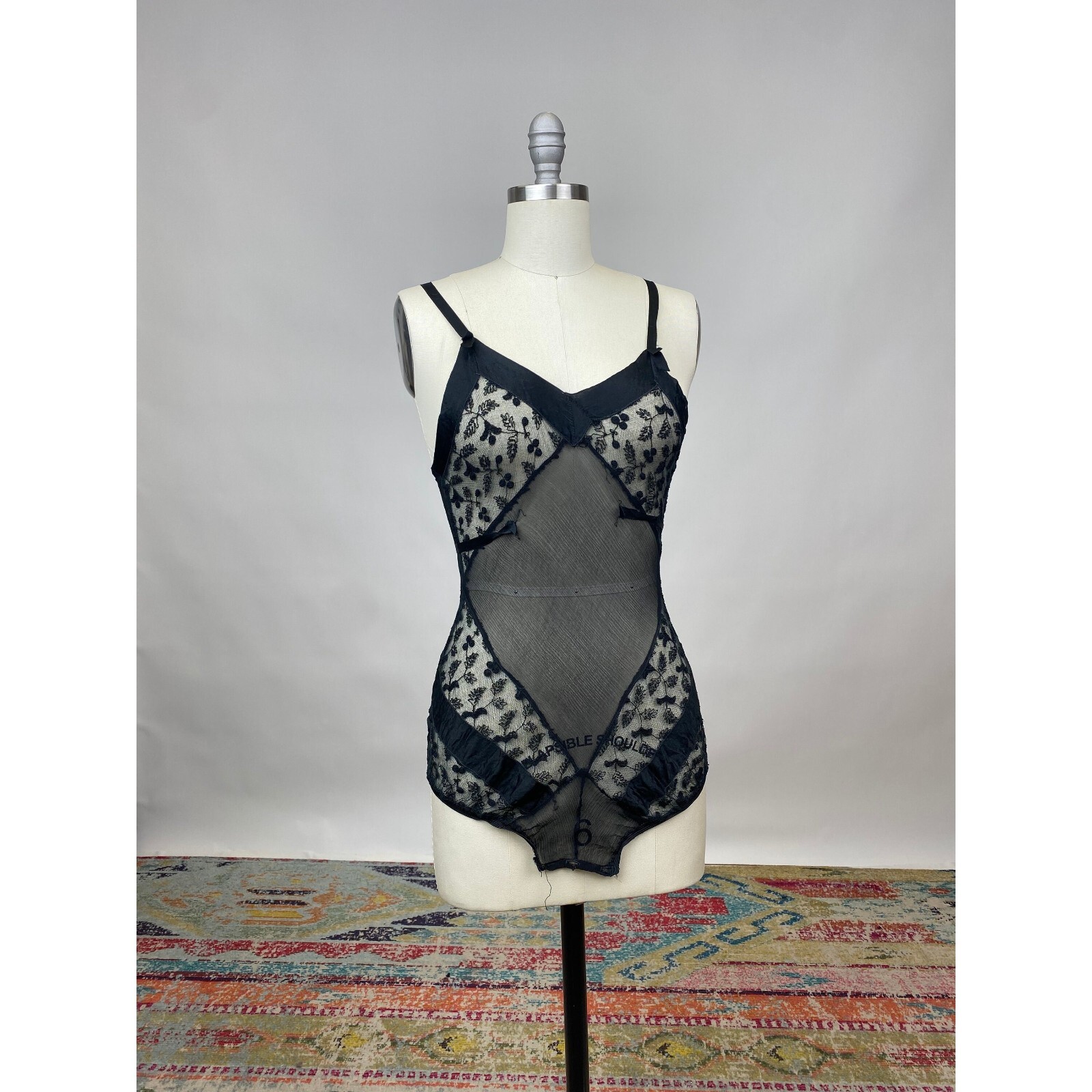 Rare Vintage 1920s Black Lace and Silk Chiffon Bias Cut Teddy Lingerie Art Deco