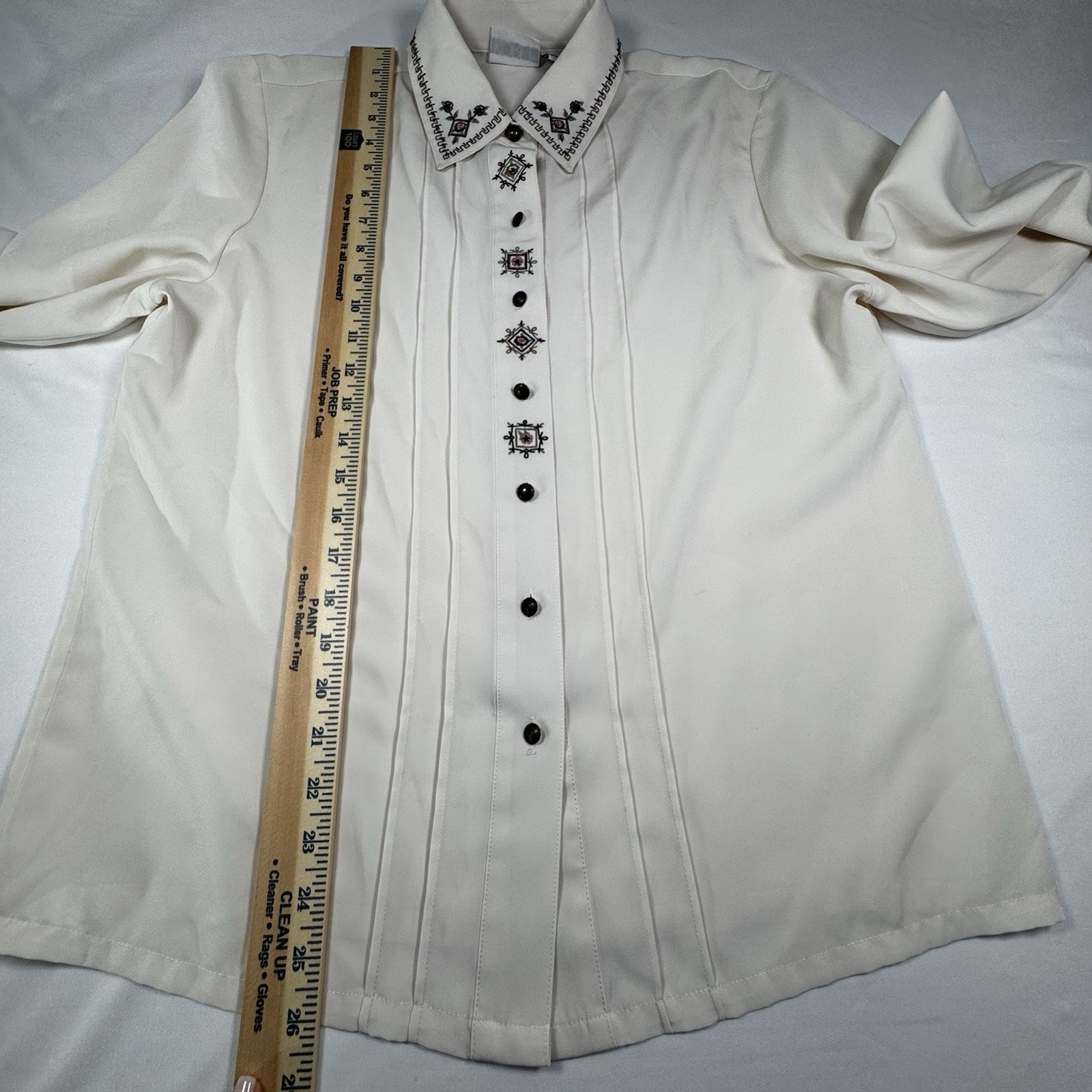 Koret Vintage Blouse Sz 10 Ivory Embroidered Collar Pin-Tuck Western Style