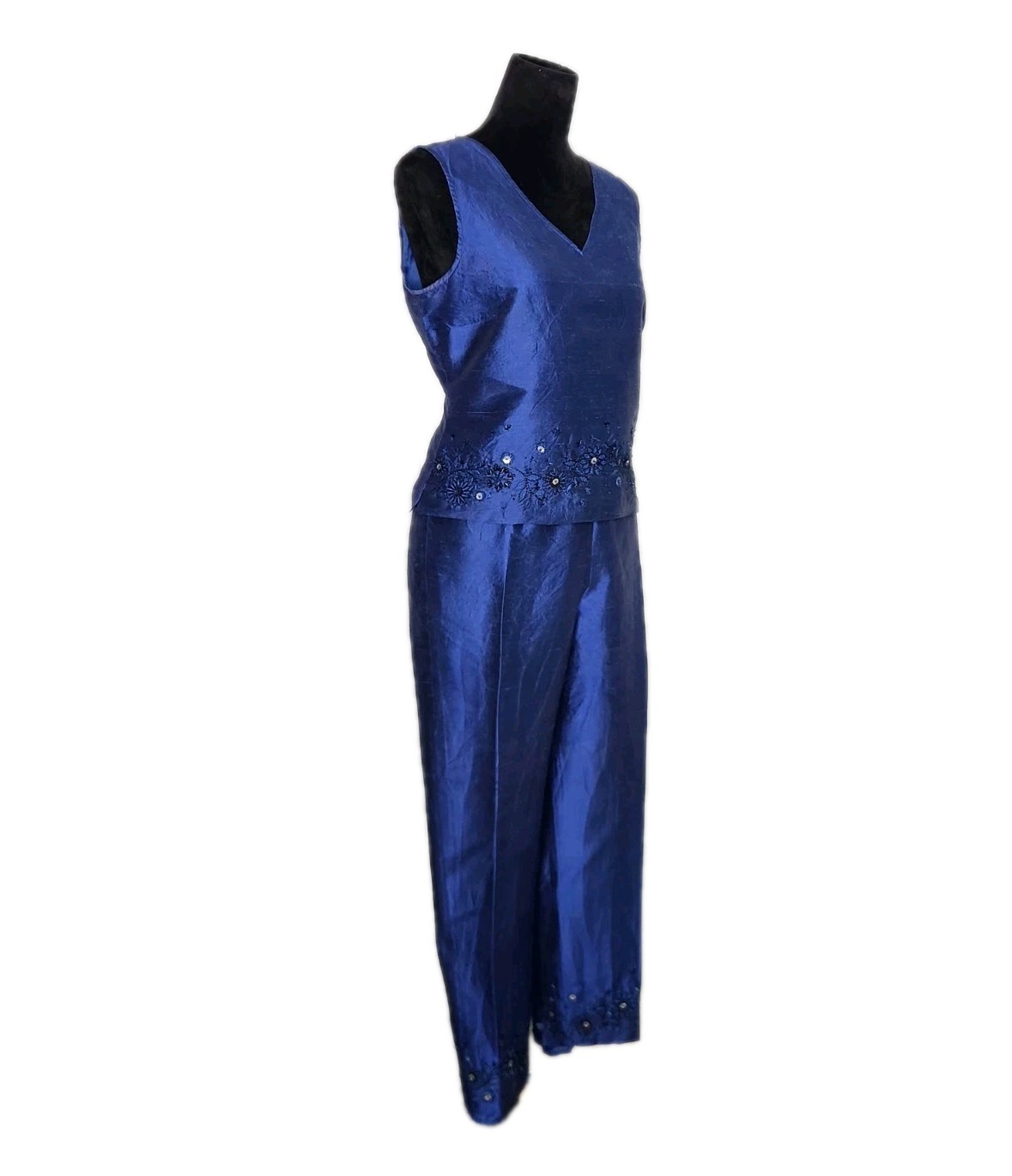 Sunny Leigh Vintage Blue Beaded Silk Dupioni 2 Piece Pants Blouse Set Size M