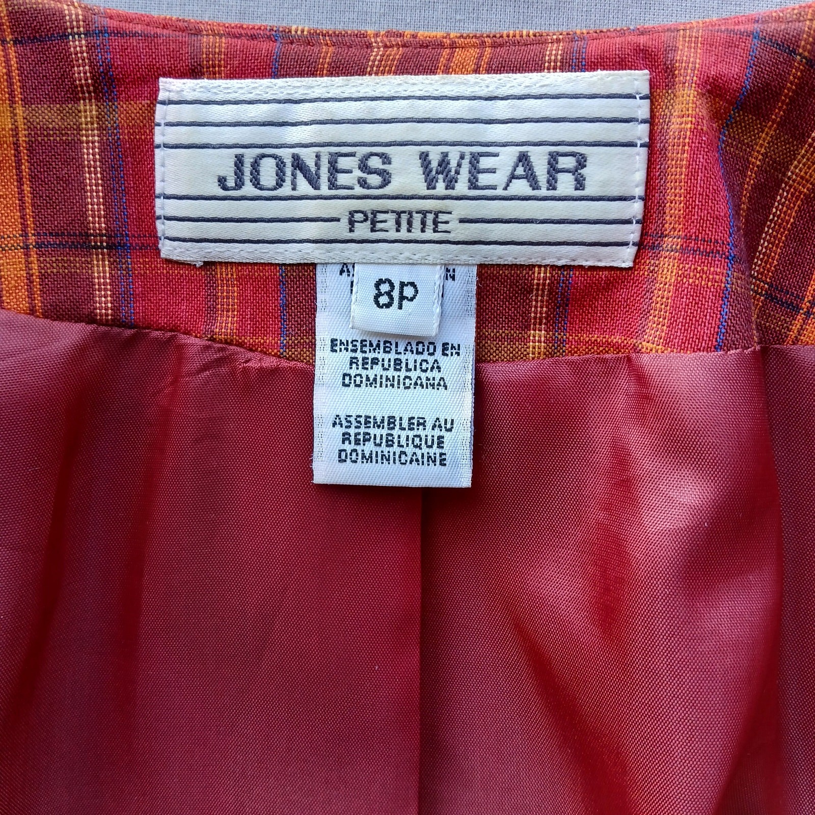 Jones Wear Petite VTG Plaid Orange Red Blazer size 8P professional office attire