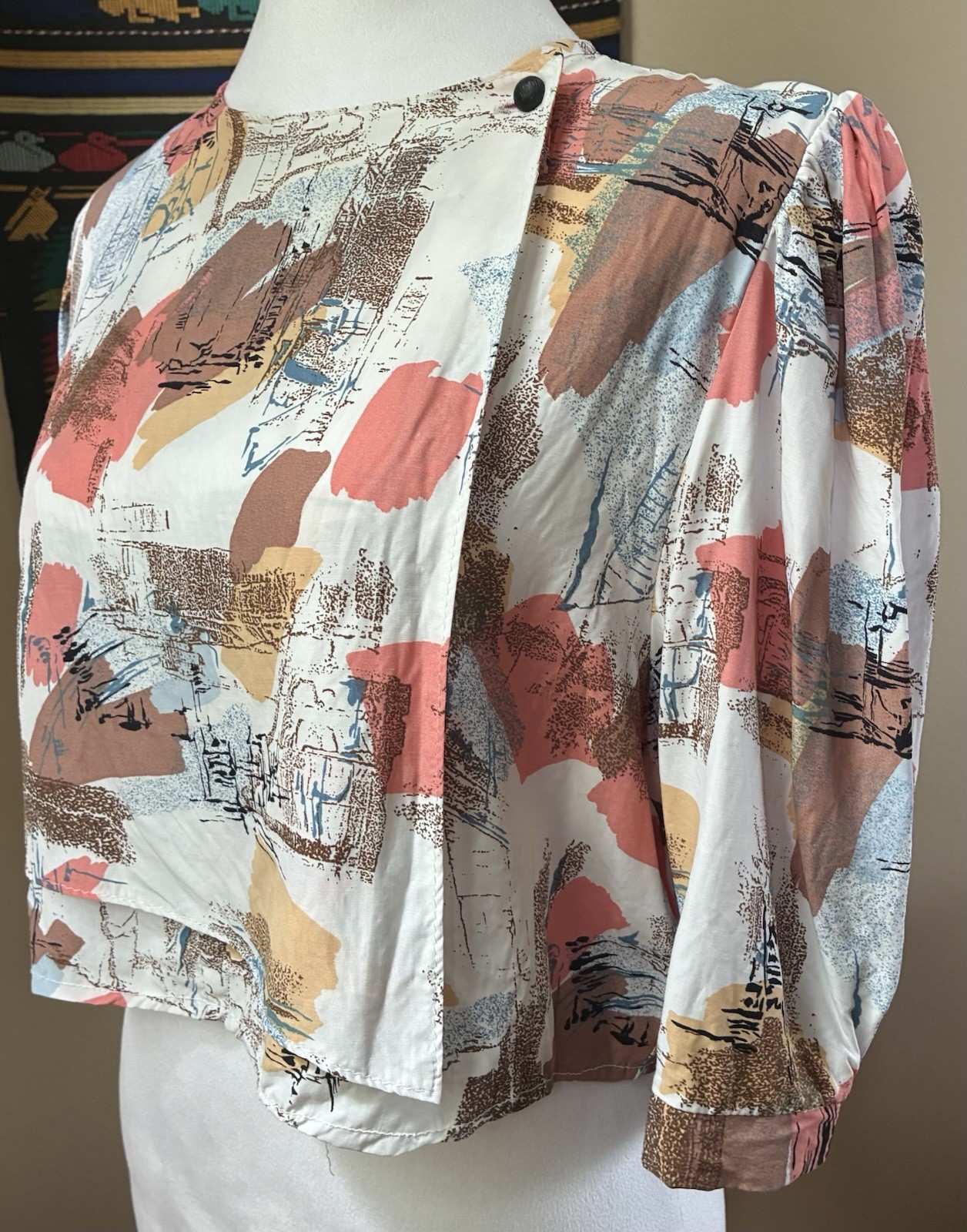 Vintage 80s Abstract Crop Top Puff Sleeve Made in West Germany size Large