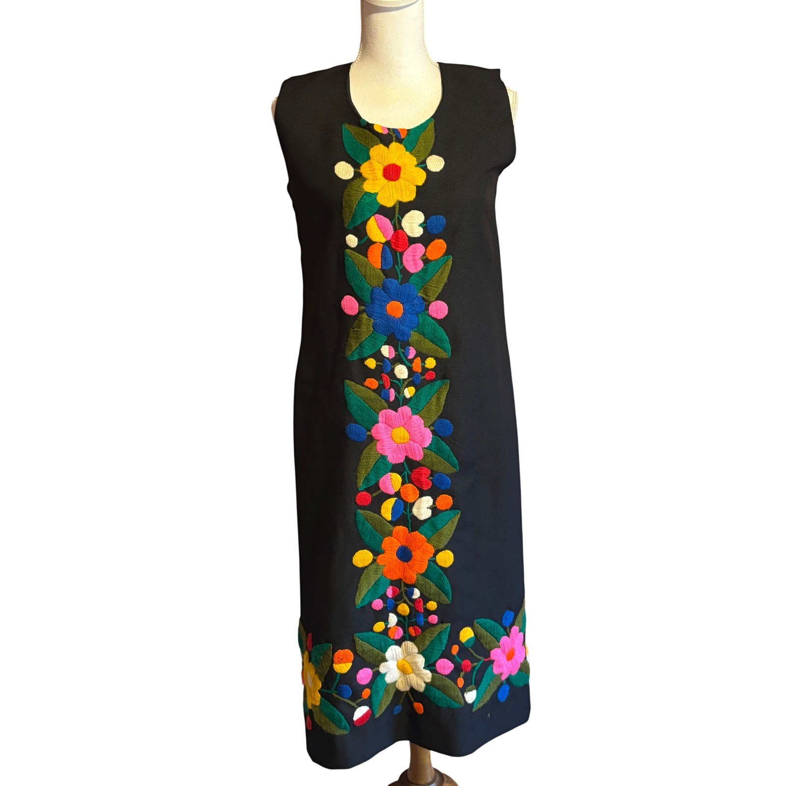 Vintage Thelma Beach Wear Mexico Floral Embroidered Black Shift Dress Midi 10