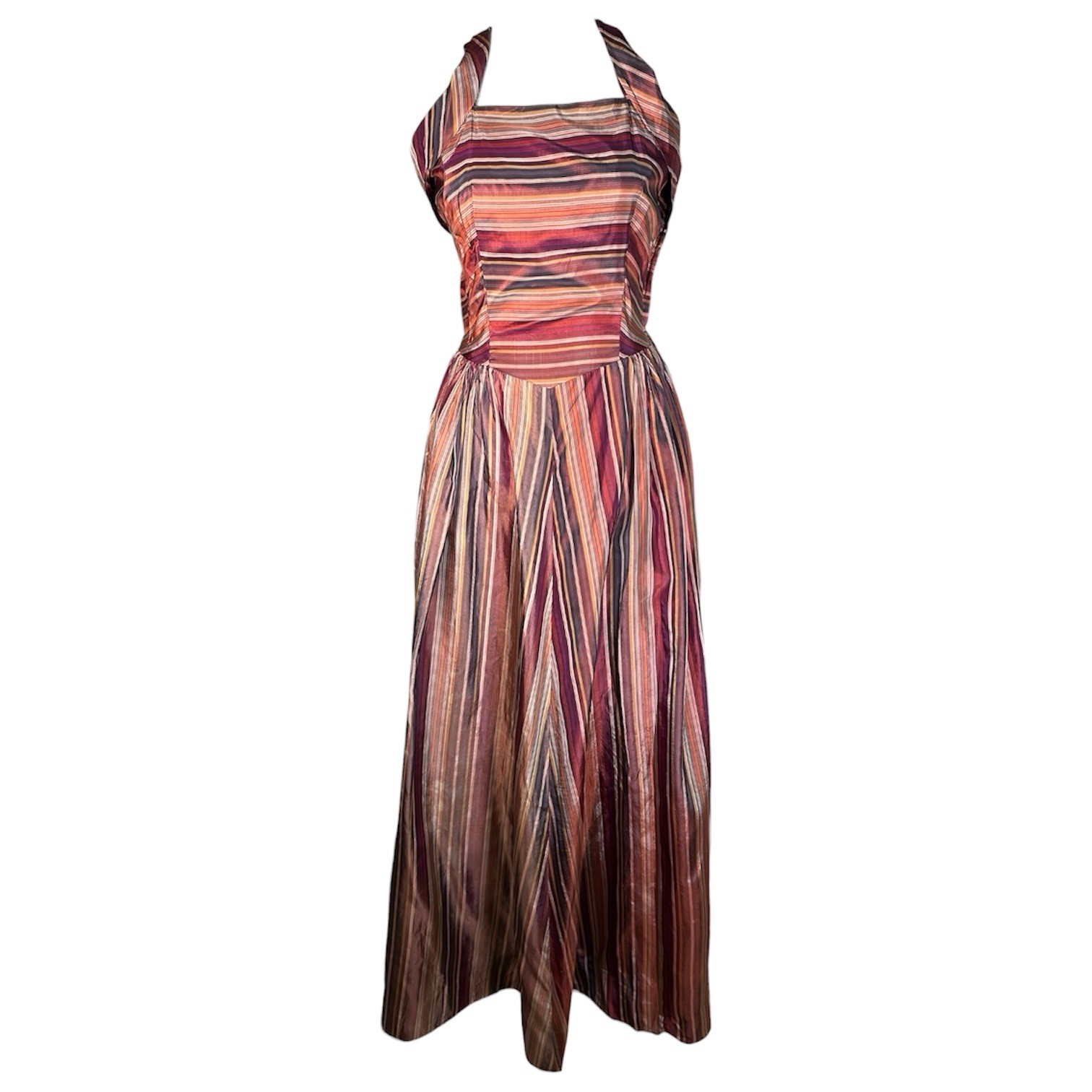 VTG 1940s Emma Domb Party Lines Stripes Taffeta Halter Ball Gown Full Skirt S