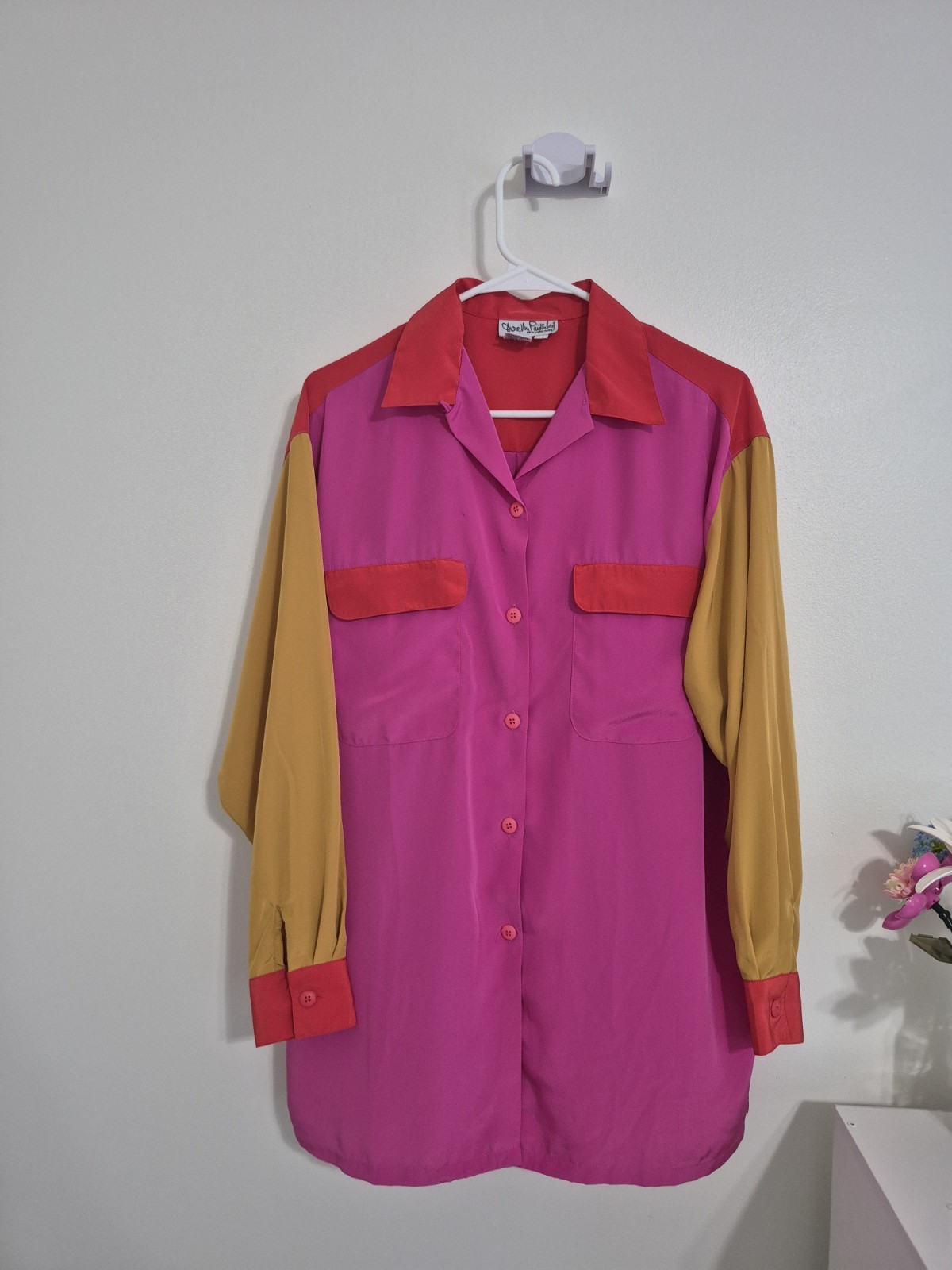 Vintage 80s Diane Von Furstenberg Colorblock Shirt Top Pink Red Yellow Sz 10 M