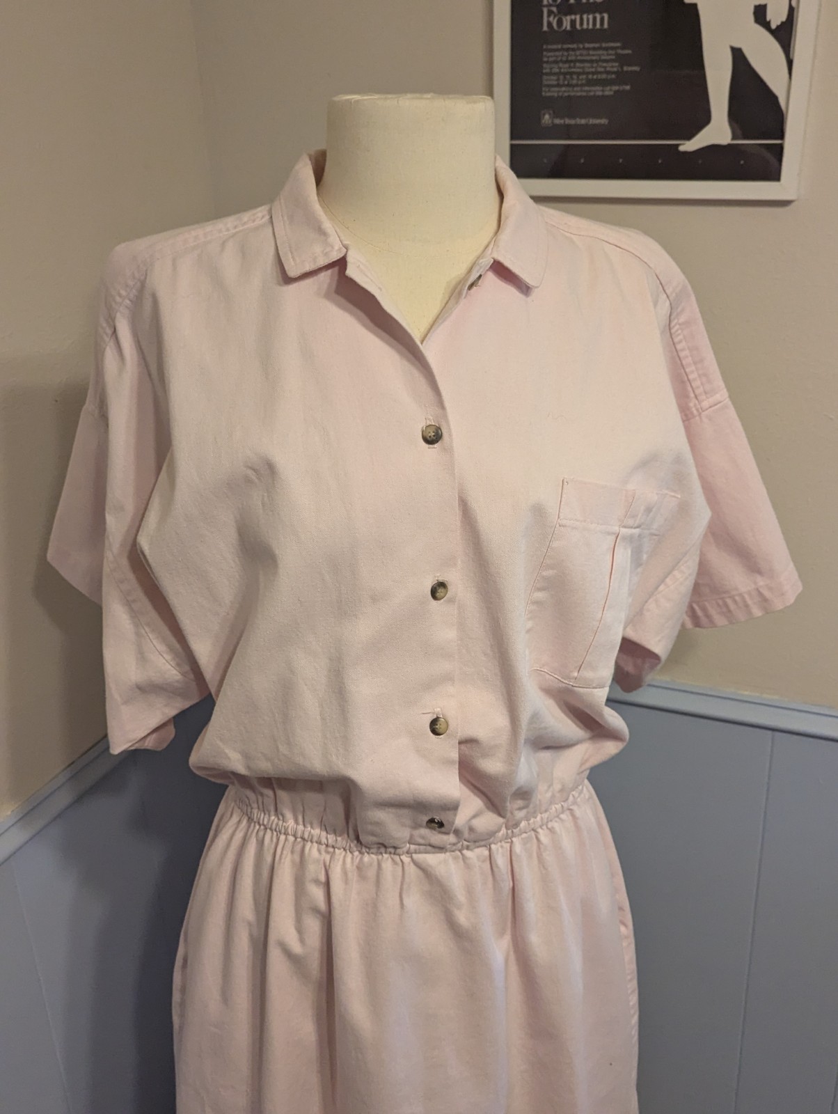 L-XL Vintage 80s 90s Katherine Stephens Pink Shirt Dress Midi Cotton Casual
