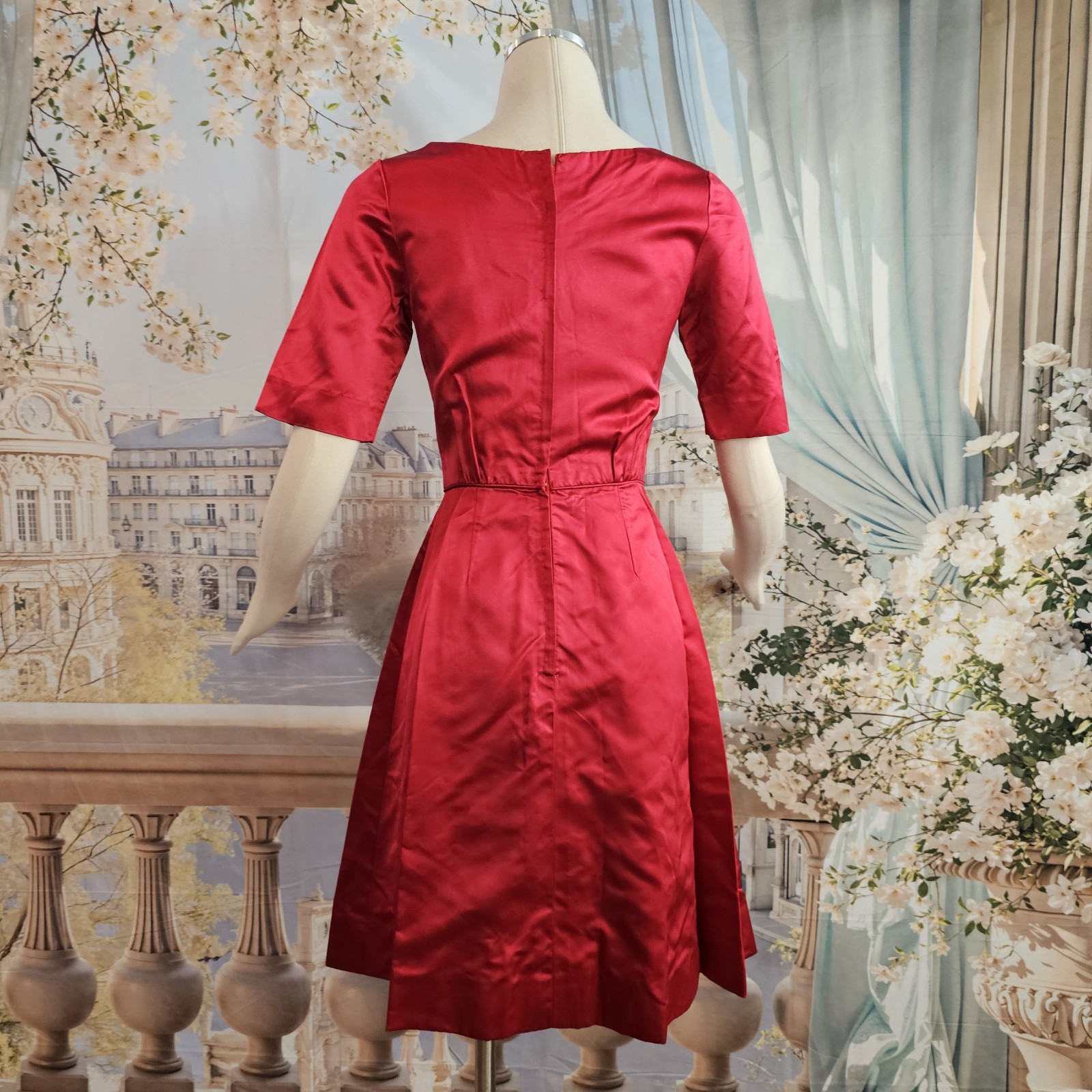 Vintage 1950s Dress Cherry Red Liquid Satin Half Sleeve Pinup Rockabilly