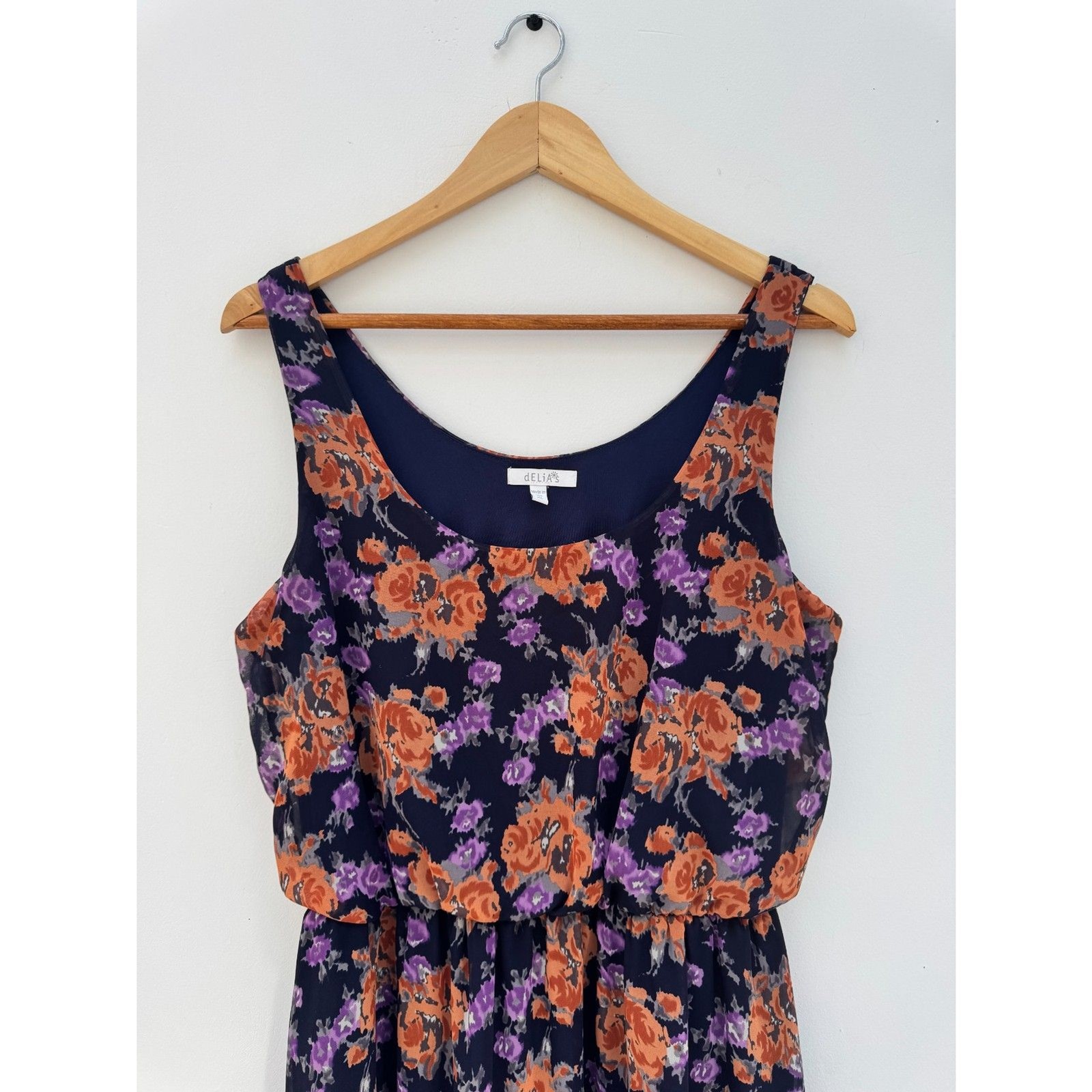 Vintage dELiA*s Navy Floral Chiffon Sundress Purple Orange Roses Size XL