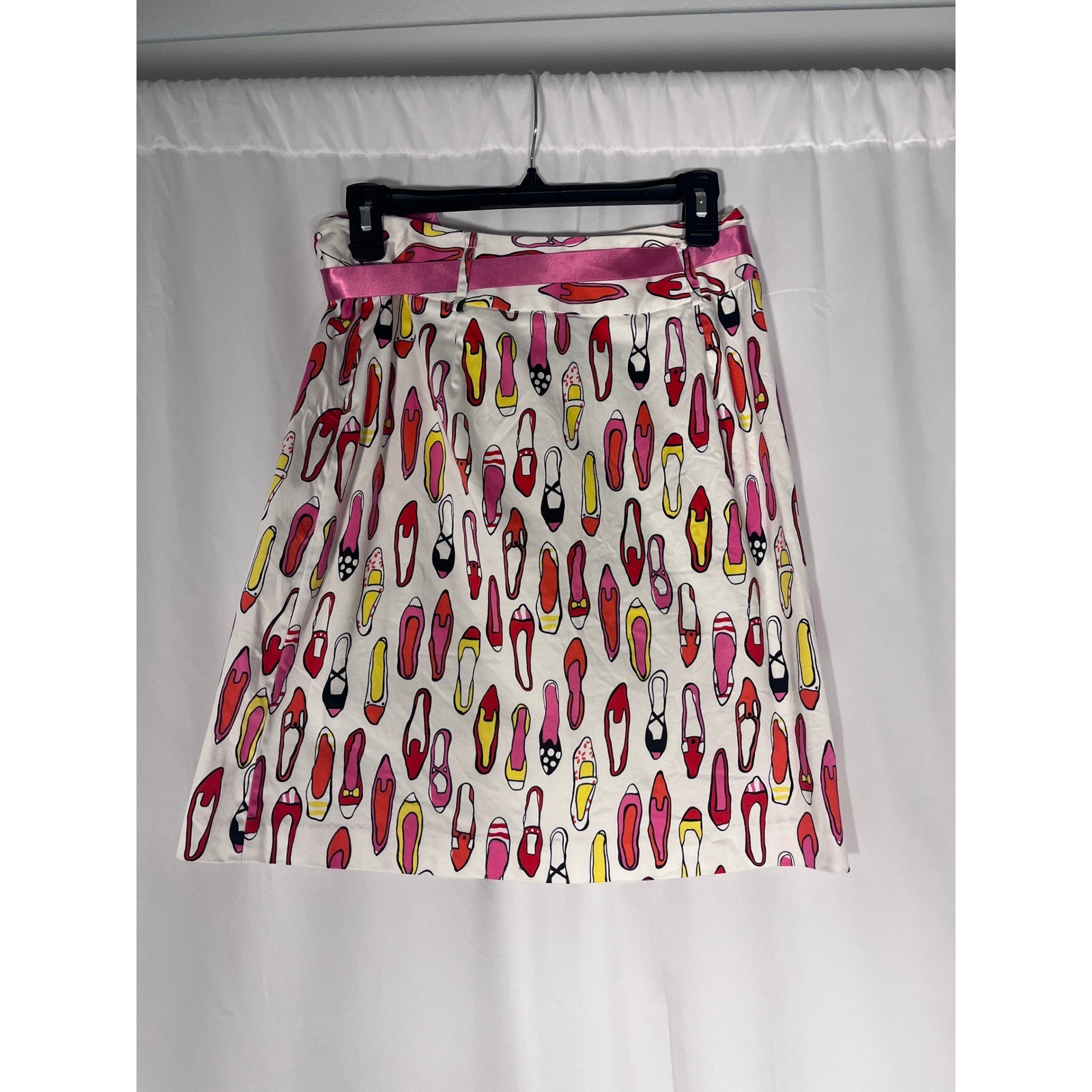 Sandra Vintage Y2K Twee Statement Shoe Print Skirt Sz 6 Pink Satin Bow Coquette
