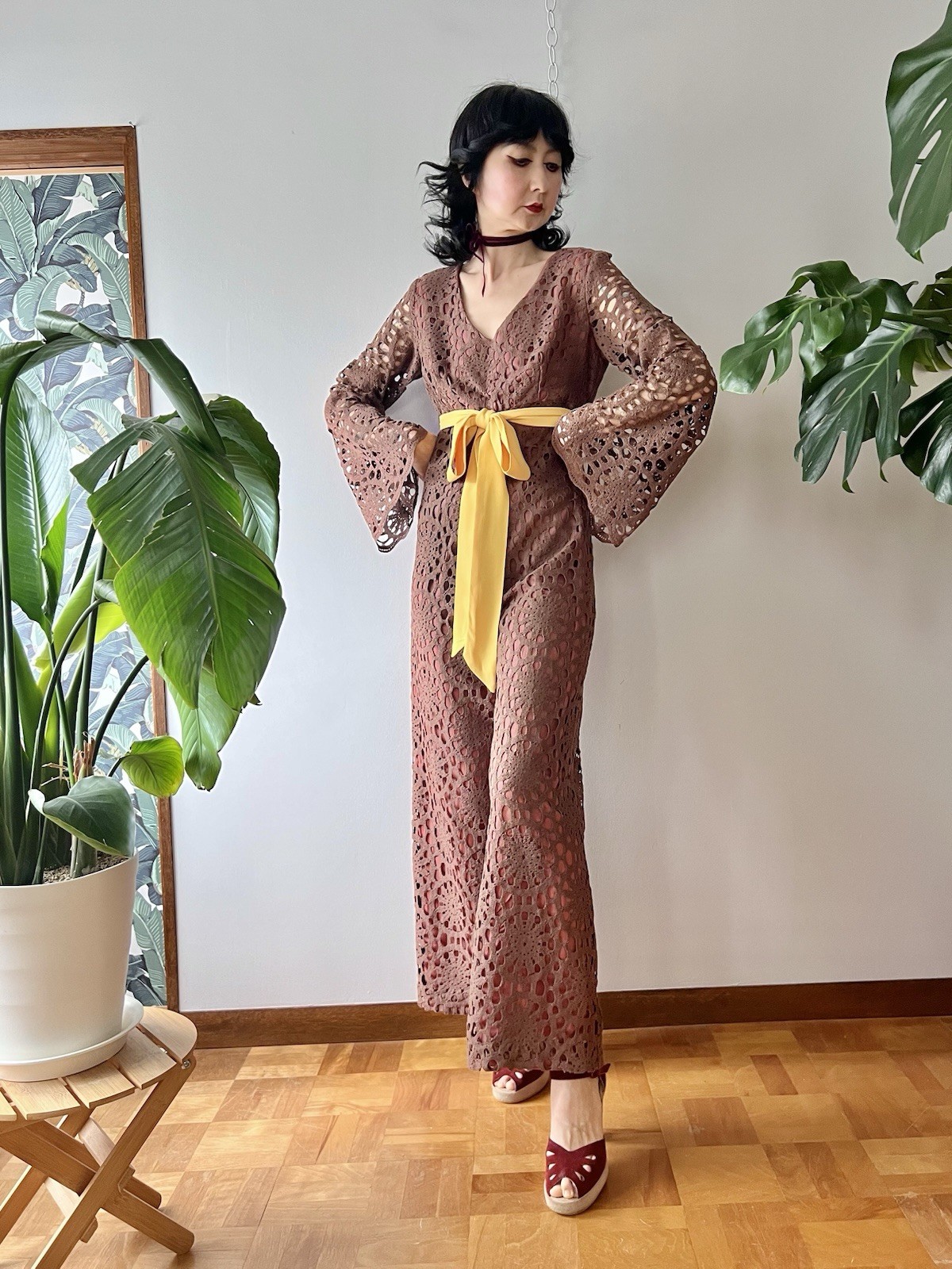 60s 70s Joy Stevens California Crochet Lace Bell Sleeve Flared Wide Leg Jumpsuit
