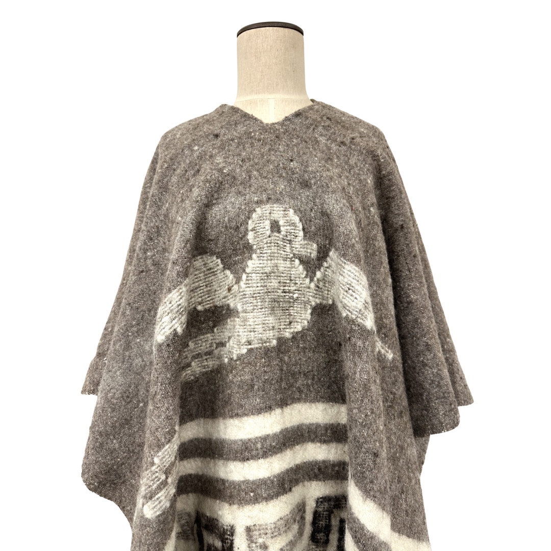 Vintage Southwest Gray Wool Hooded Poncho Serape w Fringe & Bird Detail