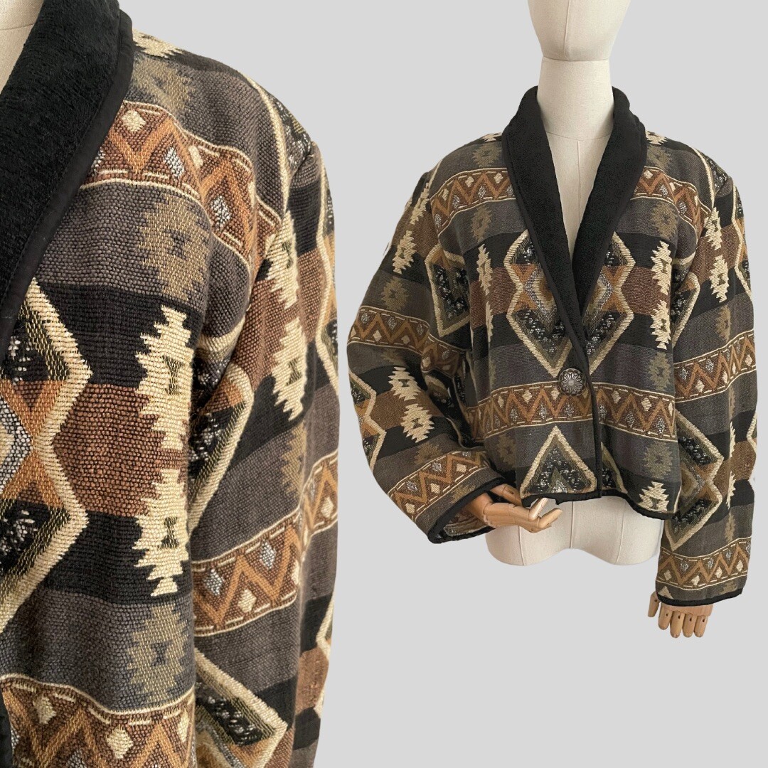 Vintage 90s Jacket Oversized New Identity Black Brown Cream Native American