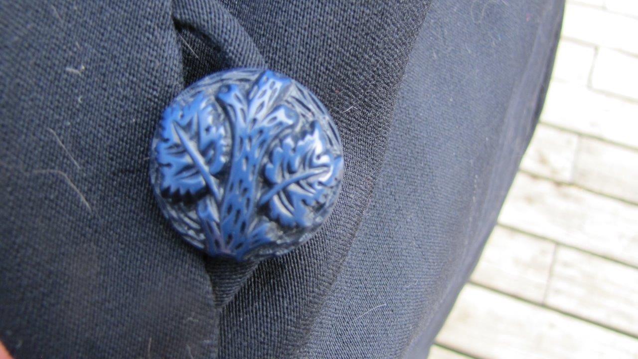 1920S BLUE ART DECO COAT SIDE STITCHING & PLEATS MED/LG CELLULOID BUTTONS