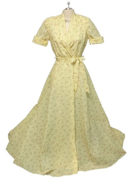 VINTAGE 40s / ‘50s ORIGINAL PAULETTE FLORAL SEERSUCKER GRAND SWEEP DRESSING GOWN