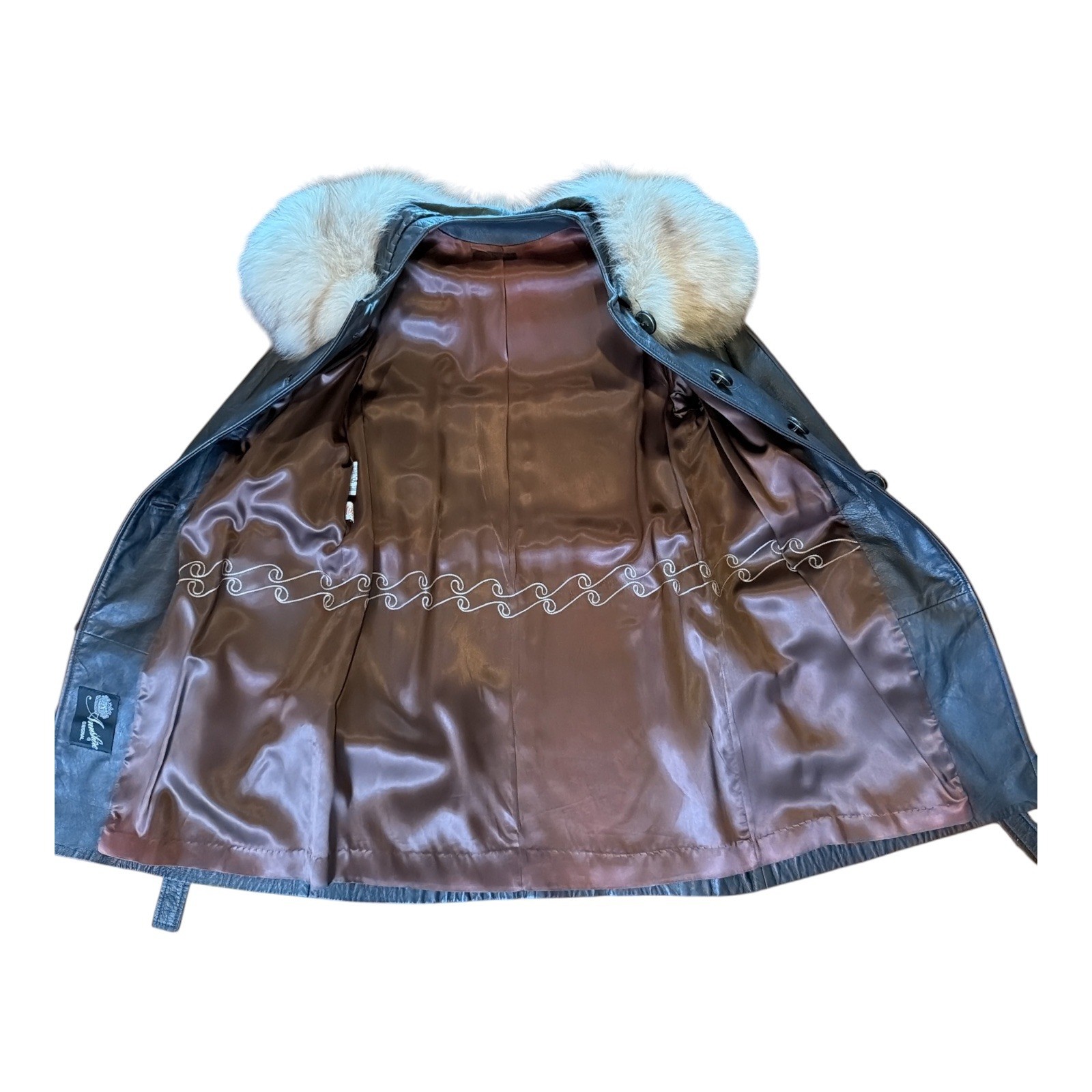Vintage Brown Leather Trench Coat Fur Collar Belted ILGWU Made USA 60 70’s