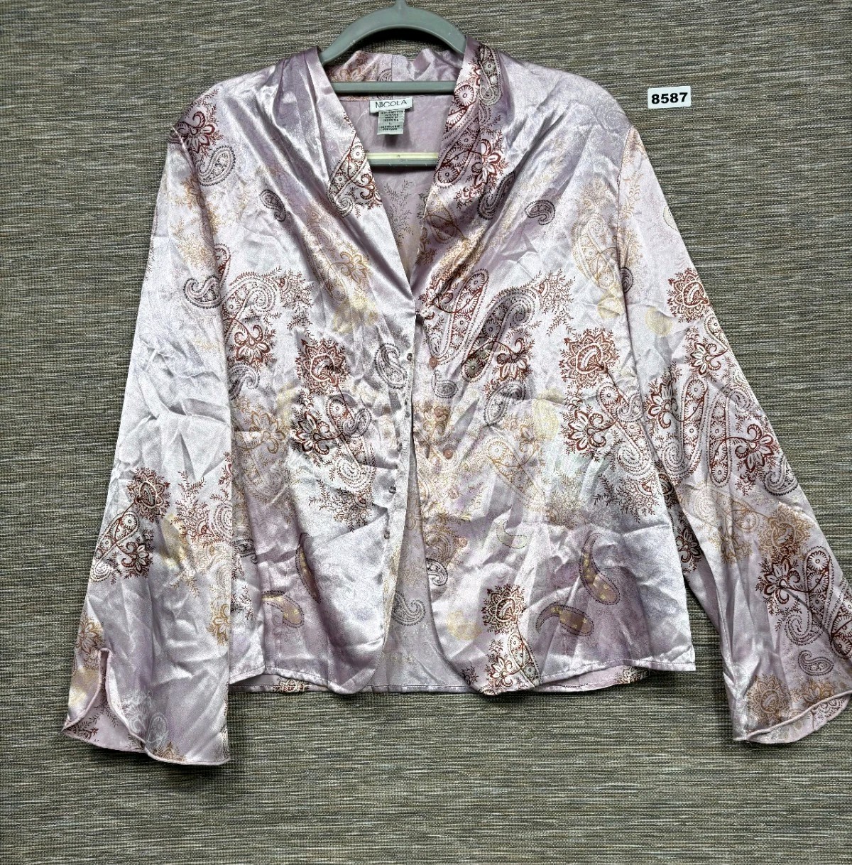 VTG Nicola Silky Floral Paisley Button Up Blouse Womens Size L Pink Long Sleeve
