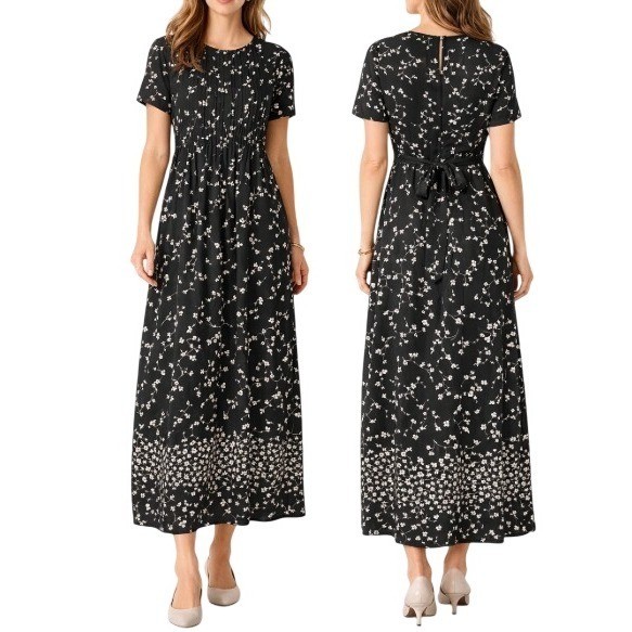 Vintage 90s Black Floral Cottagecore Midi Dress Tie Back Soft Girl Boho Women 10