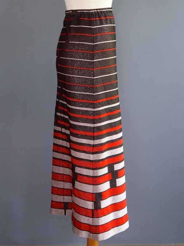 VTG 70s Mod Metallic Dress Maxi Skirt Graphic Line Black Red Silver Stretch M L