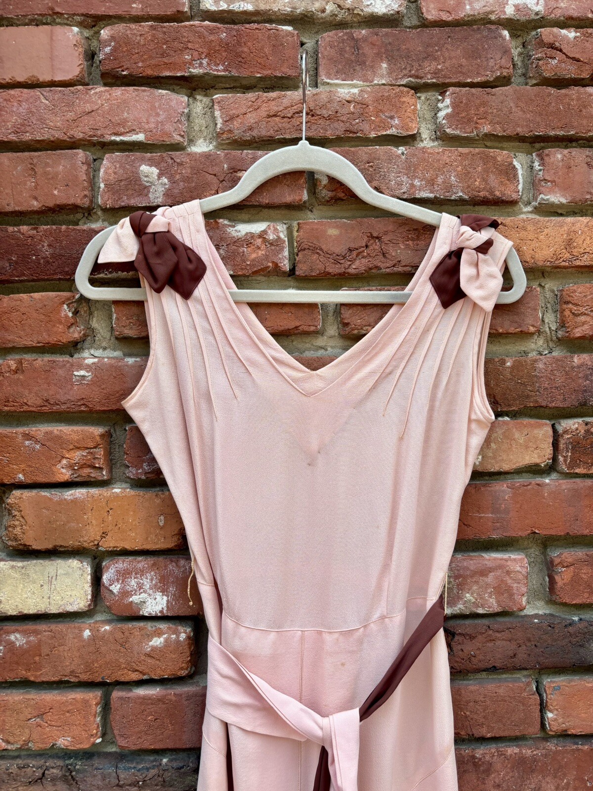 Antique Vintage 1930s Silk Rayon Pink & Brown Sleeveless Dress w/ Belt AS IS