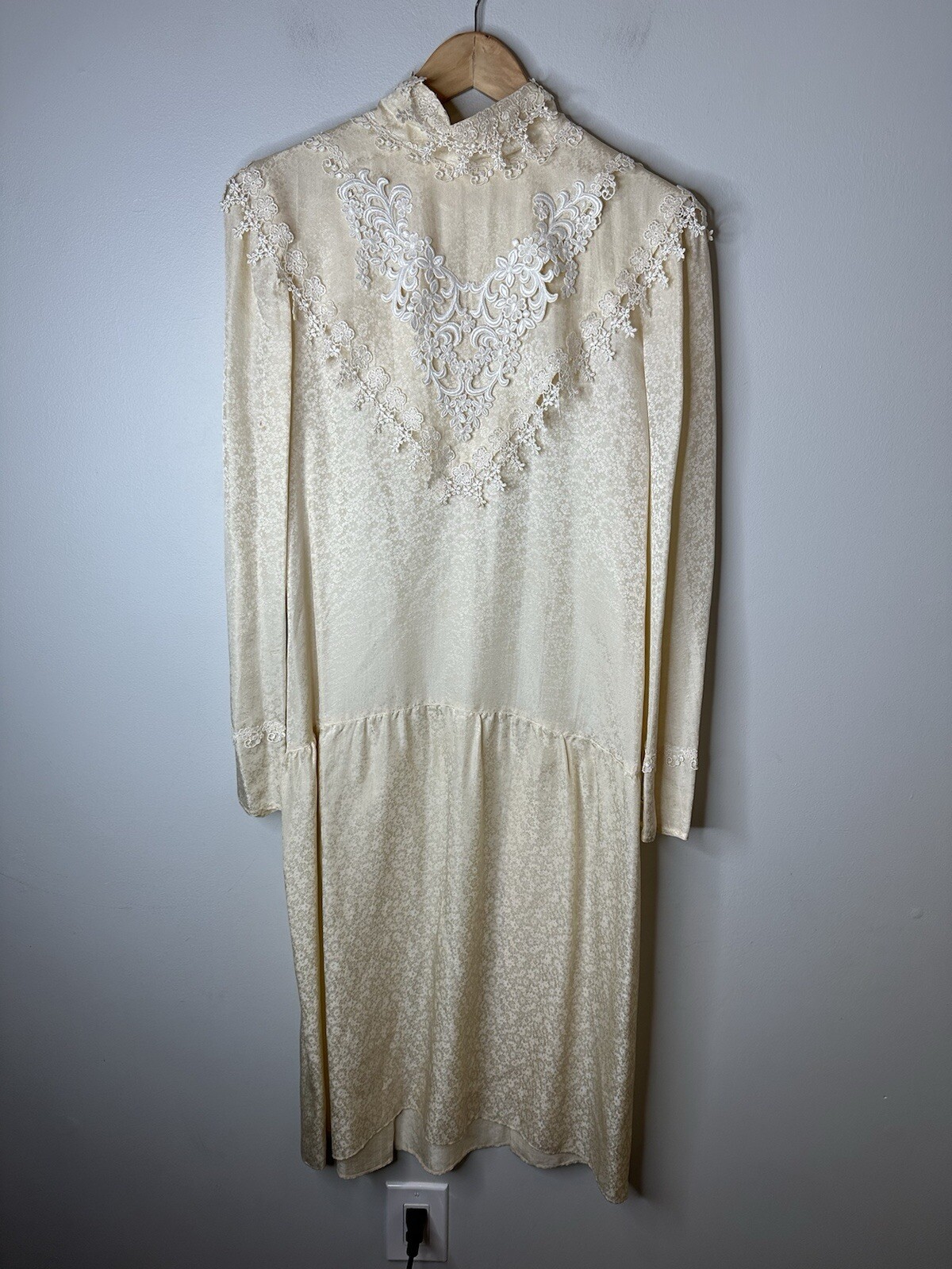 Vintage Jessica McClintock Sheer Ivory Lace Bridal Prairie Dress Classic Sleeve