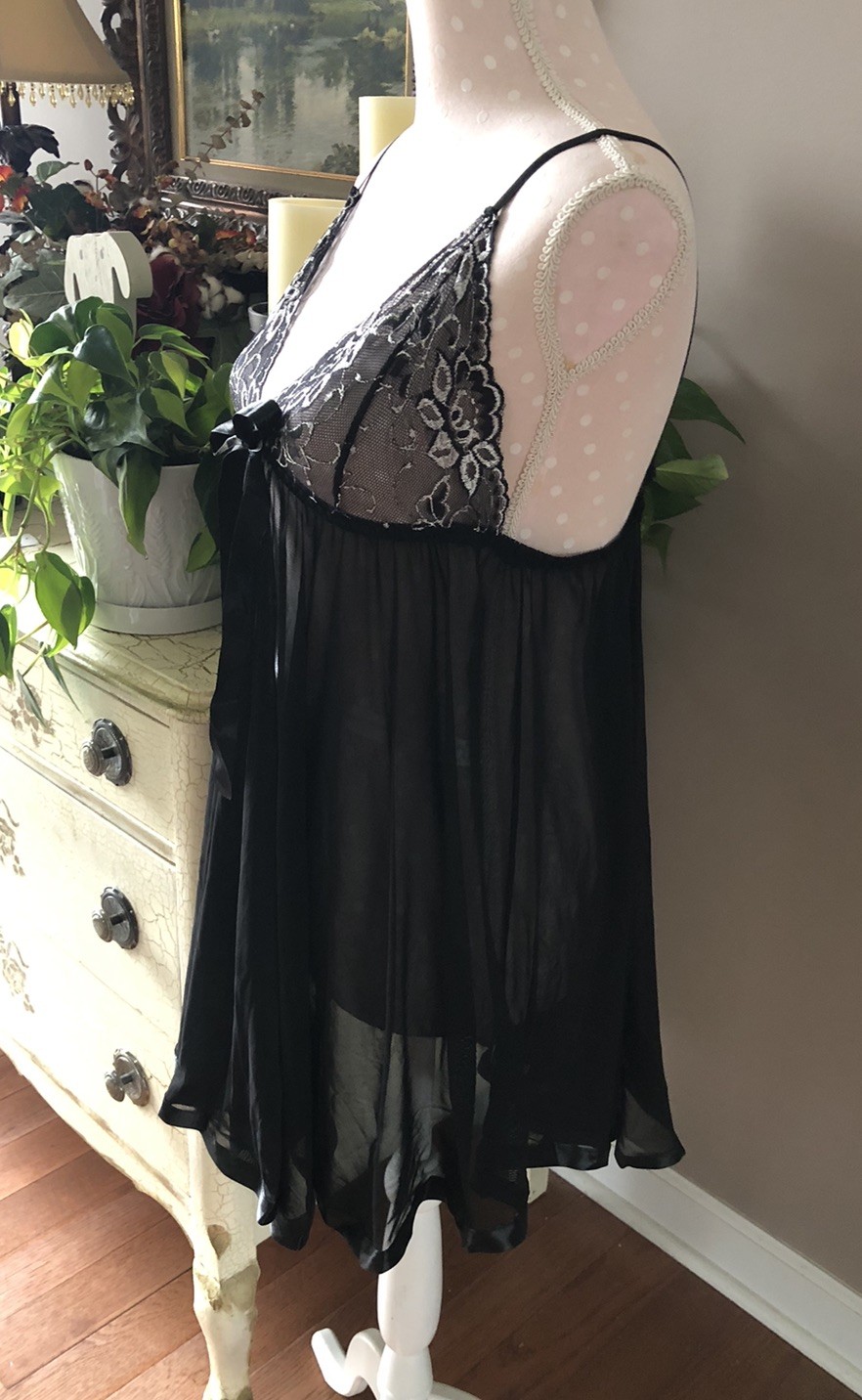 Black Babydoll Nightie Nightgown Sexy Full Sweep Skirt W/Silver Accents Size 3XL