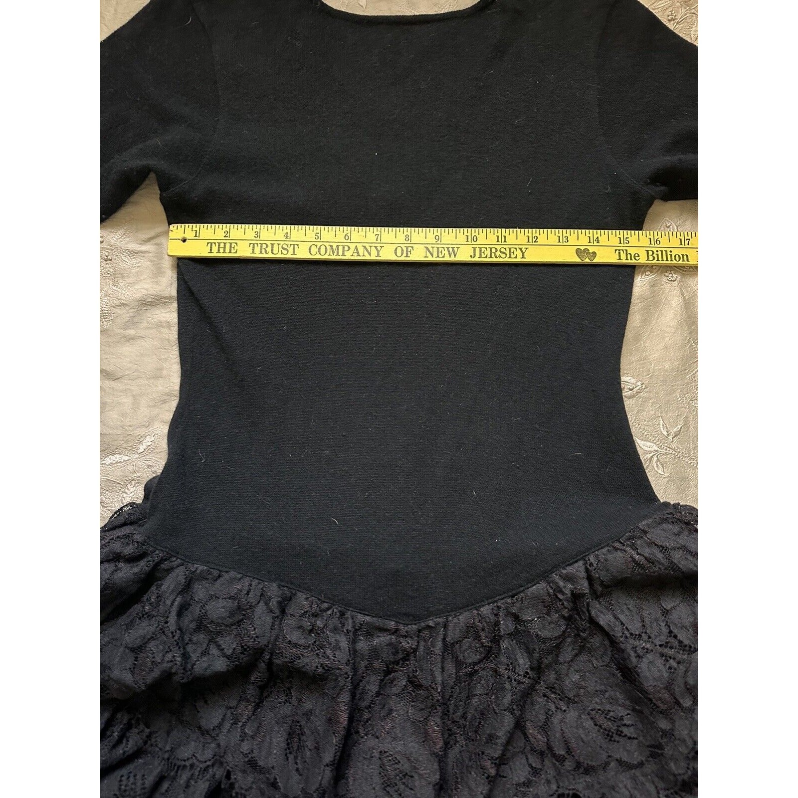 Vintage Adrienne Vittadini Sweater Dress Lace Ruffles Layered Wool Black Sz M