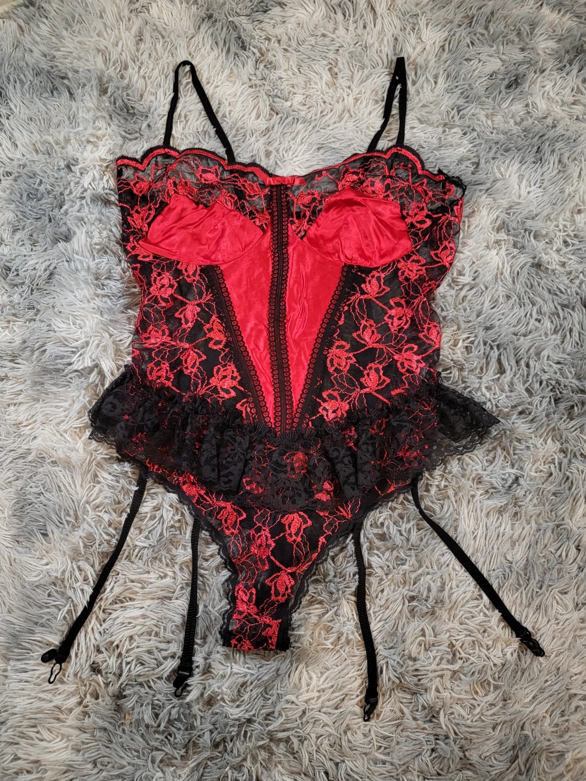 Vintage 80s 2x Red and Black Sheer Floral Lace Teddy with Garter Straps
