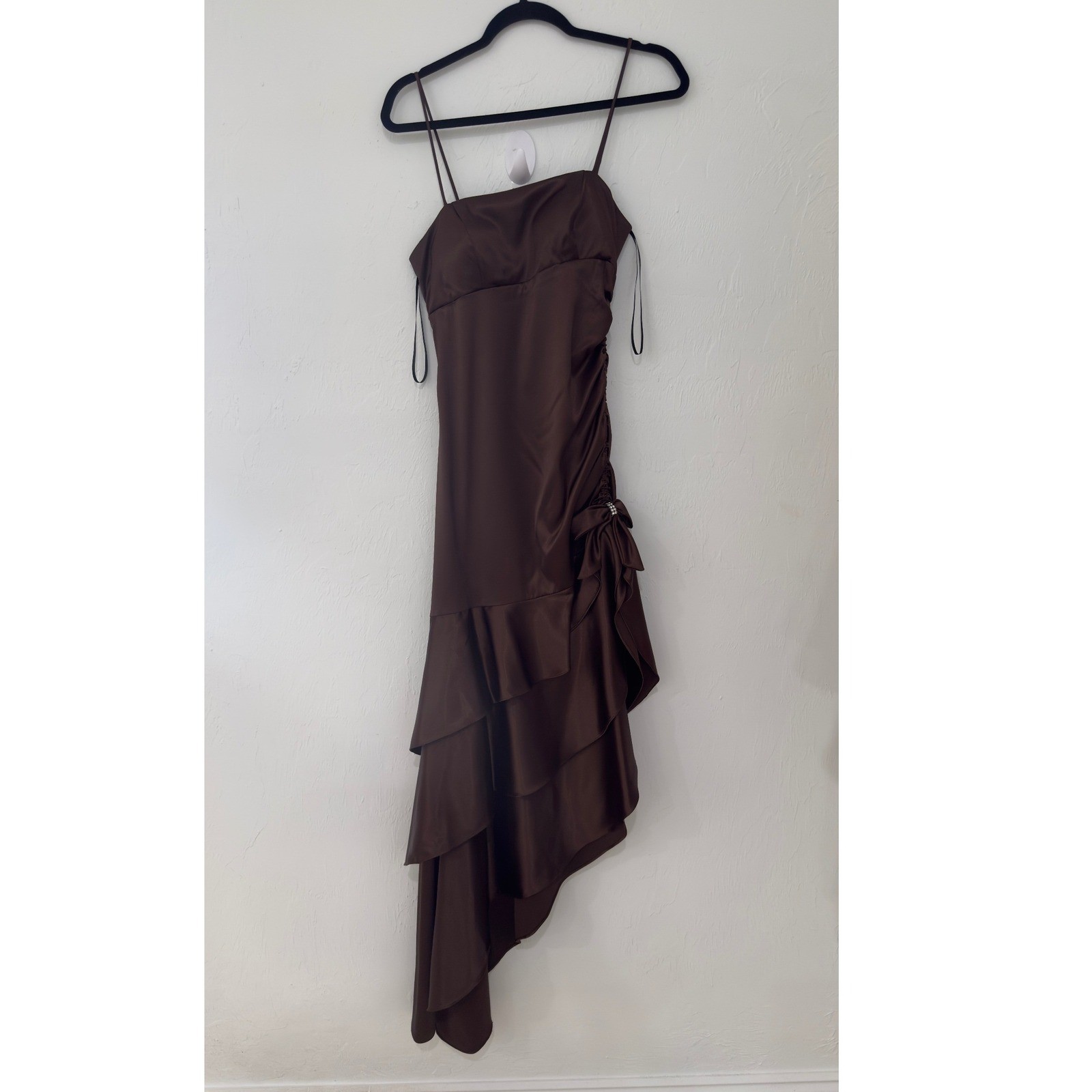 Vintage Blondie Nites Brown Satin Ruched Ruffle High Low Prom Dress 7