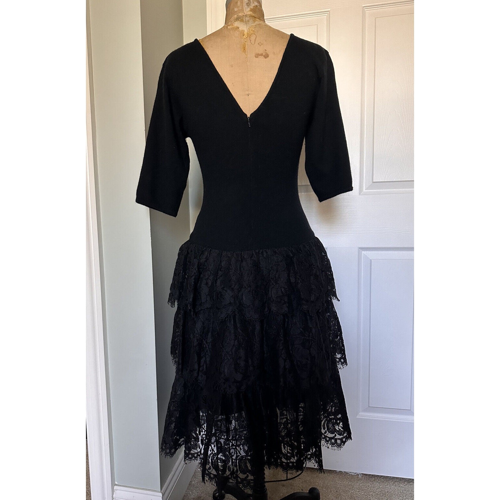 Vintage Adrienne Vittadini Sweater Dress Lace Ruffles Layered Wool Black Sz M