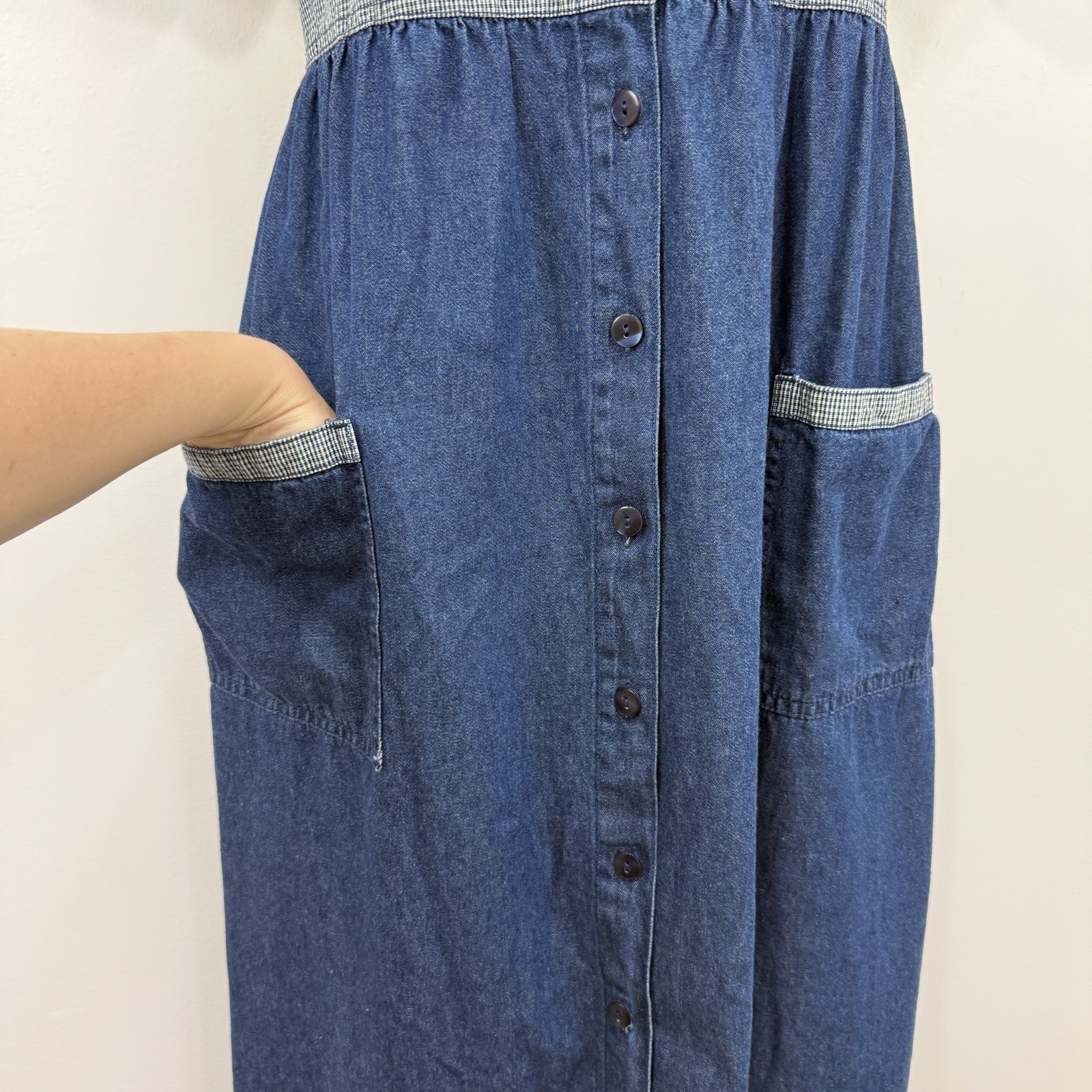 VTG 90s Bobbie Brooks Denim Dress XL Garden Gingham Cottage Country Teacher Maxi
