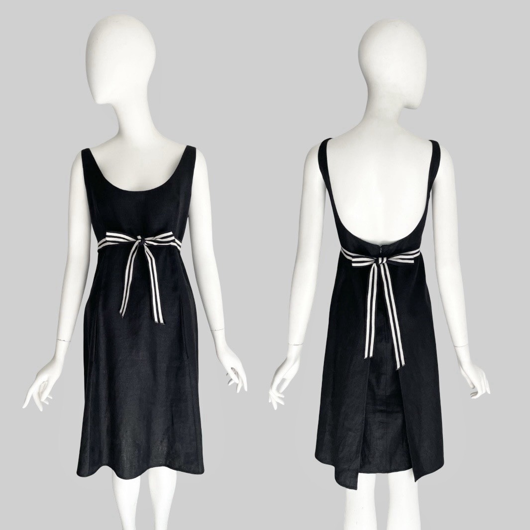 Valentino 1993 Vintage Black Linen Dress White Stripe Bow Ribbons Size Large 90s