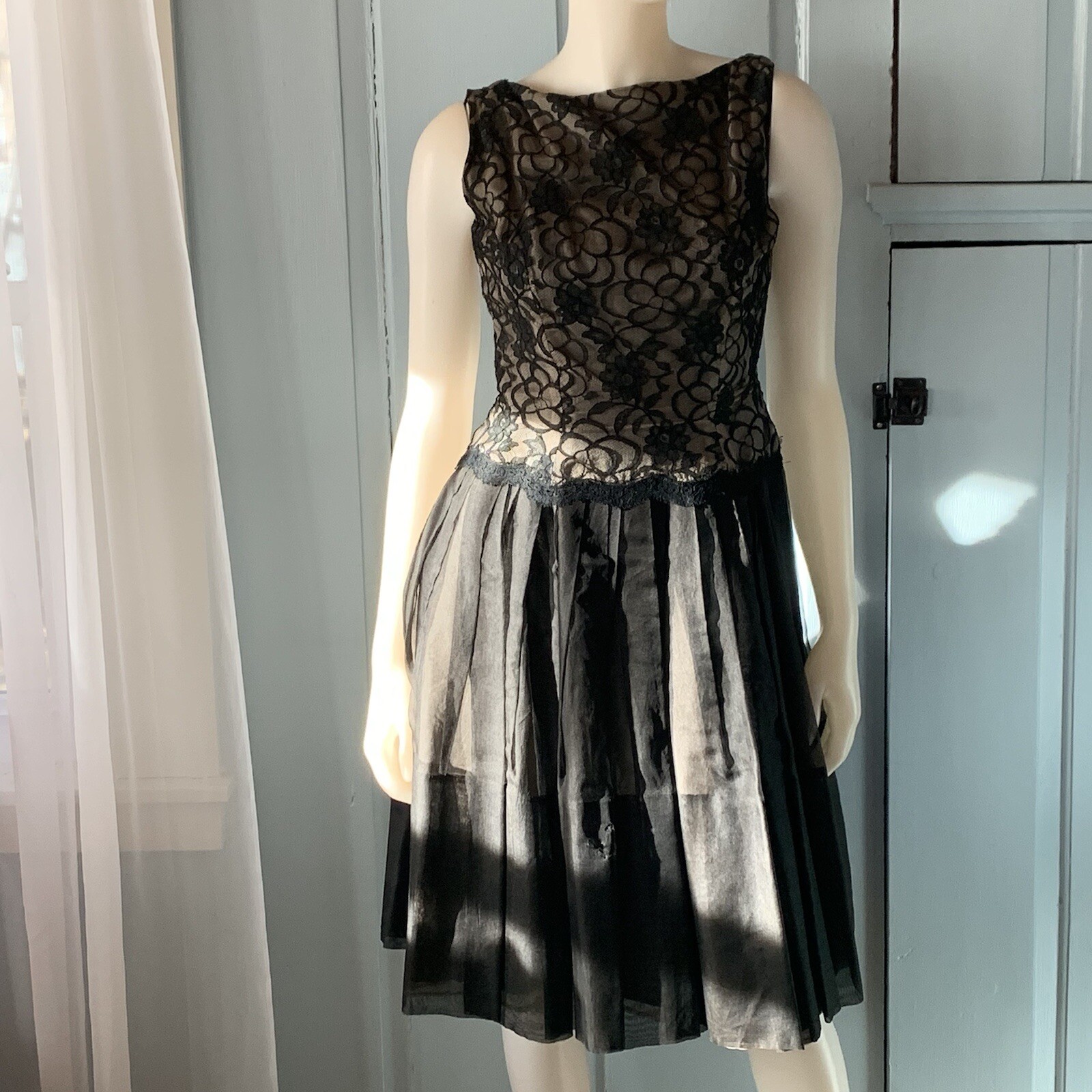 Vintage 1960s Lace Organza Party Dress Small FRAGILE HOLES PLEASE READ LBD Black