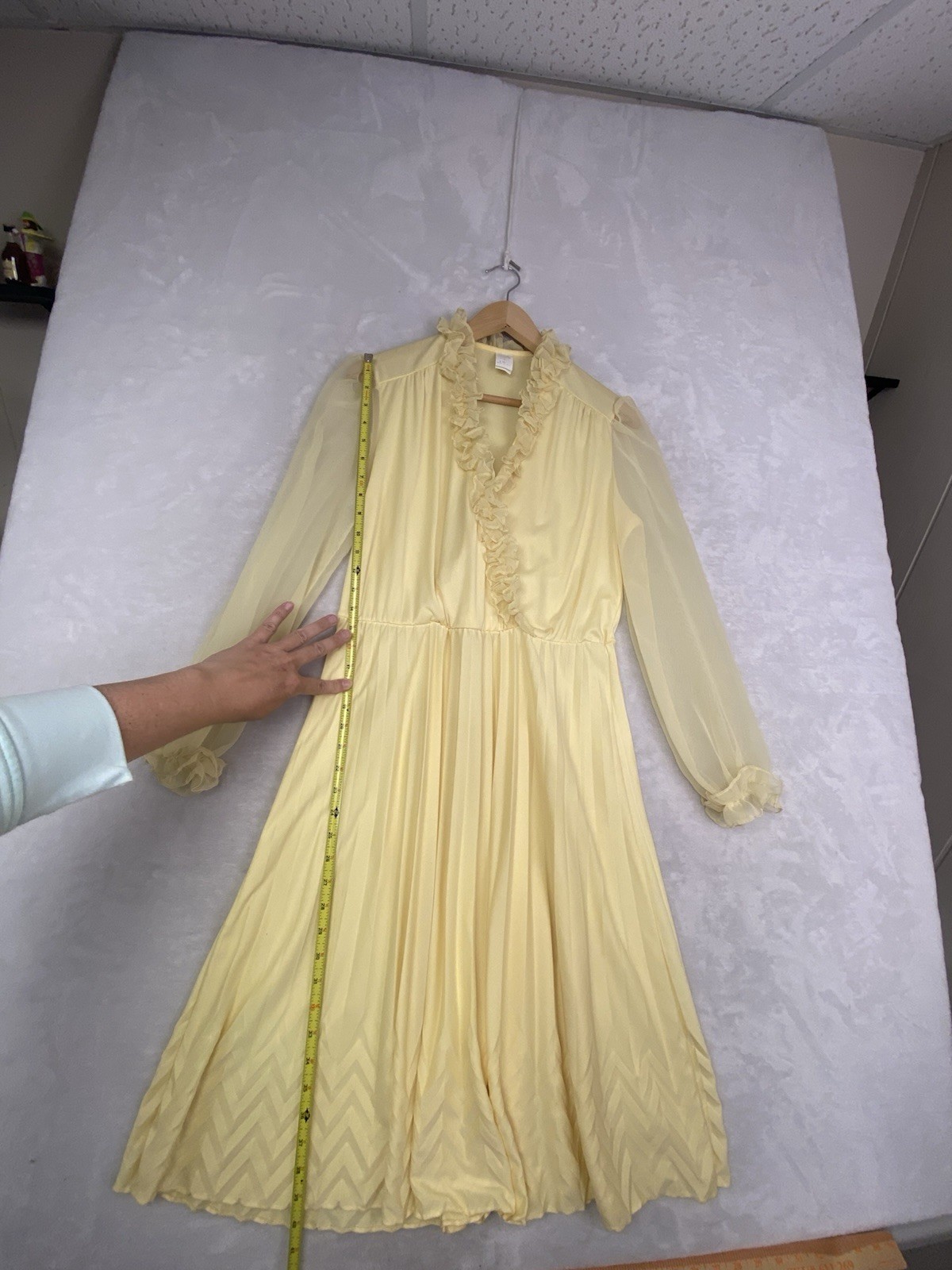 True Vintage 70s Yellow Chiffon Pleated Dress Ruffle Trim Sheer Sleeves USA Made
