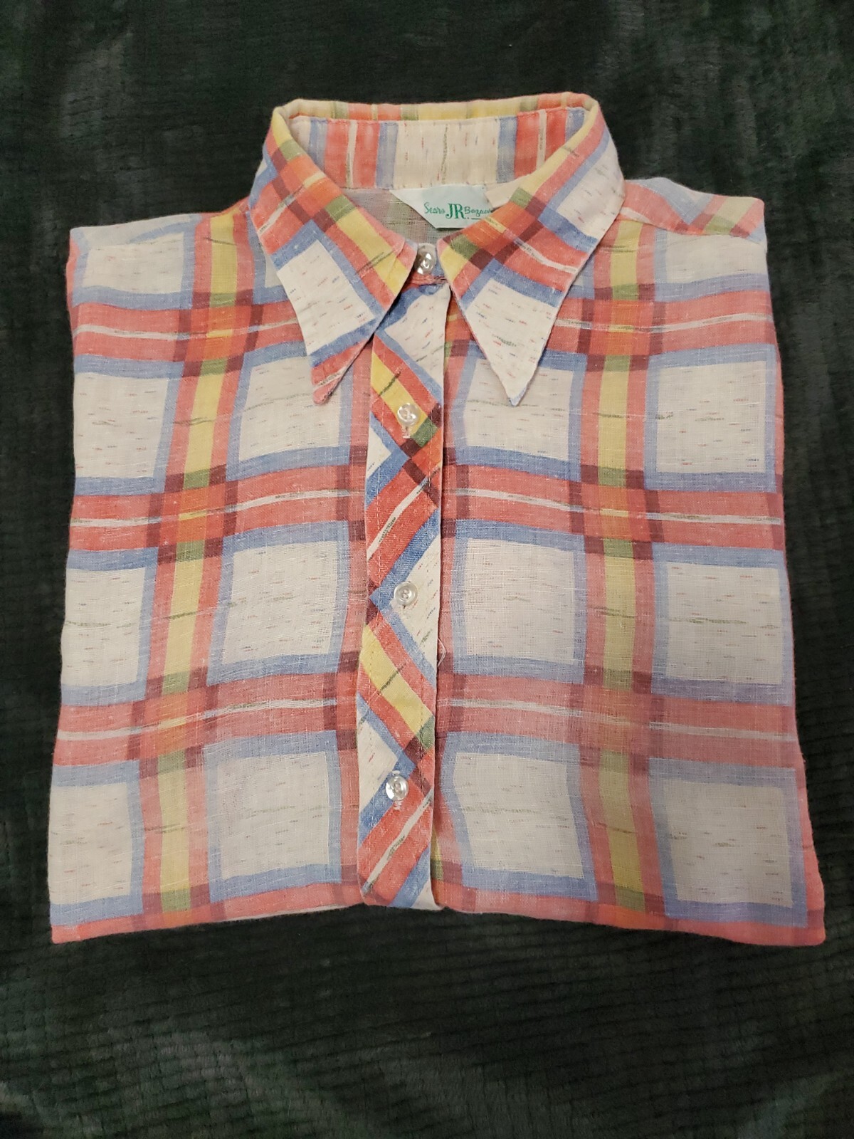 Vintage 70s Sears JR Bazaar Button-Up Cuff Sleeve Check Blouse/Top See Measures