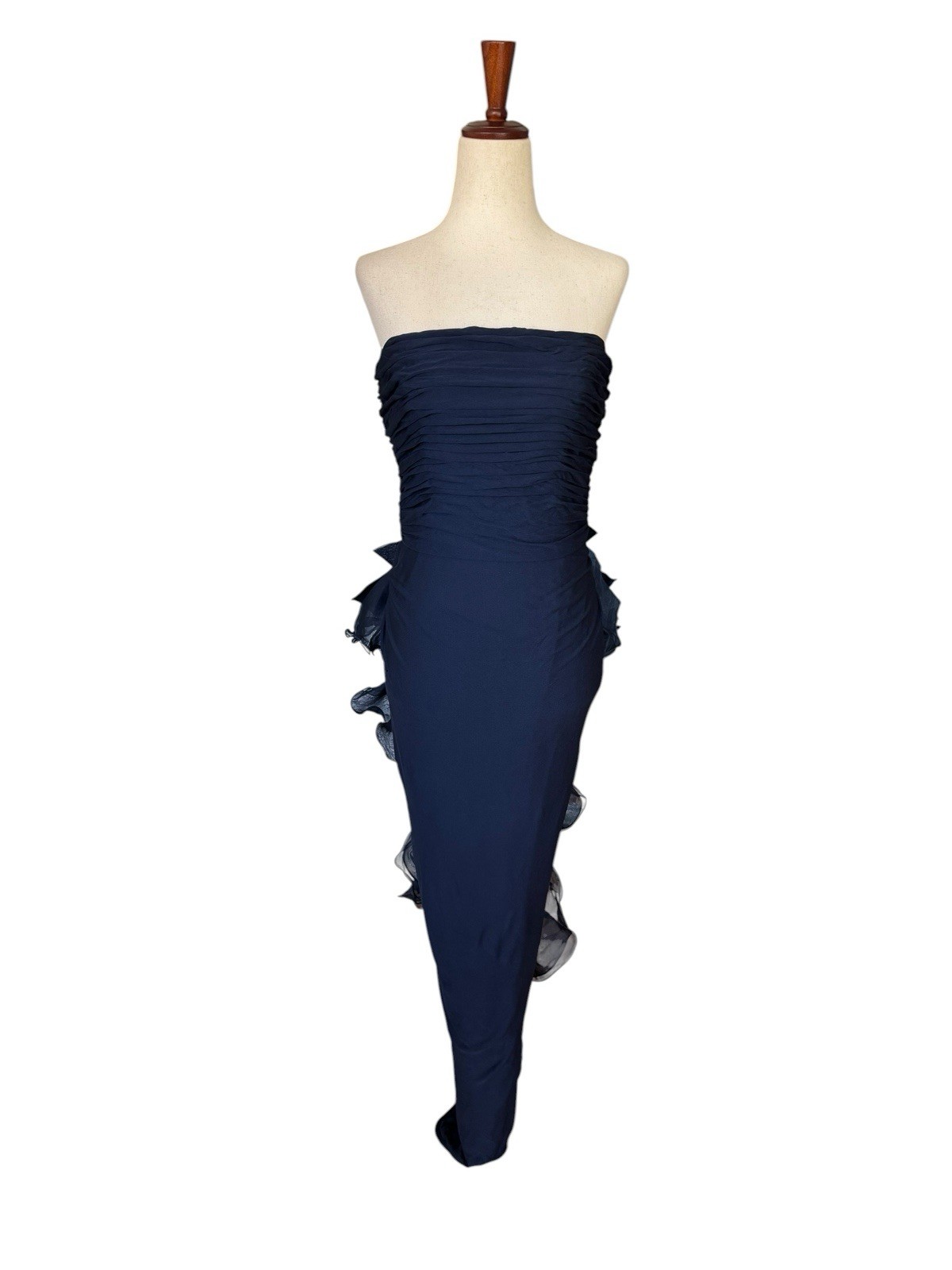 Vintage 70s 80s Jill Richards Strapless Navy Ruffle Bow Maxi Evening Dress Gown