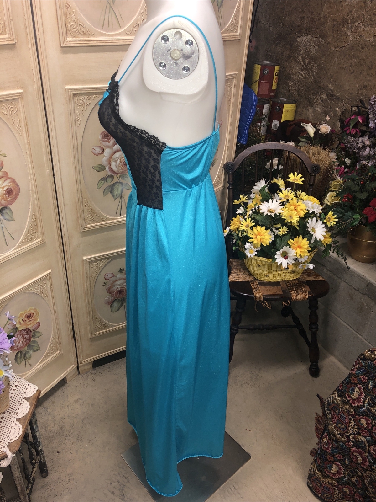 Vintage Long Teal And Black Sleeveless Nightgown S-M Petite