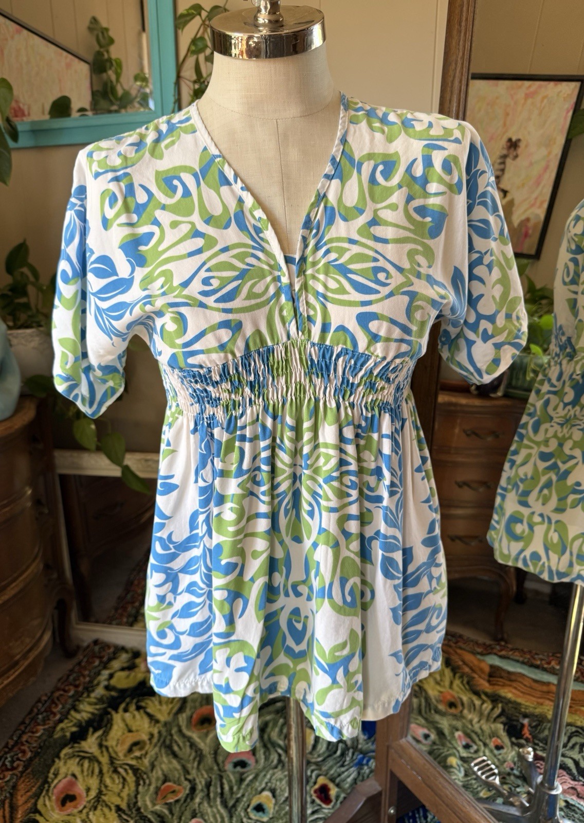 Strawberry Guava RJC Hawaii Vintage Smocked Empire Waist Blue & Green Tunic, XS