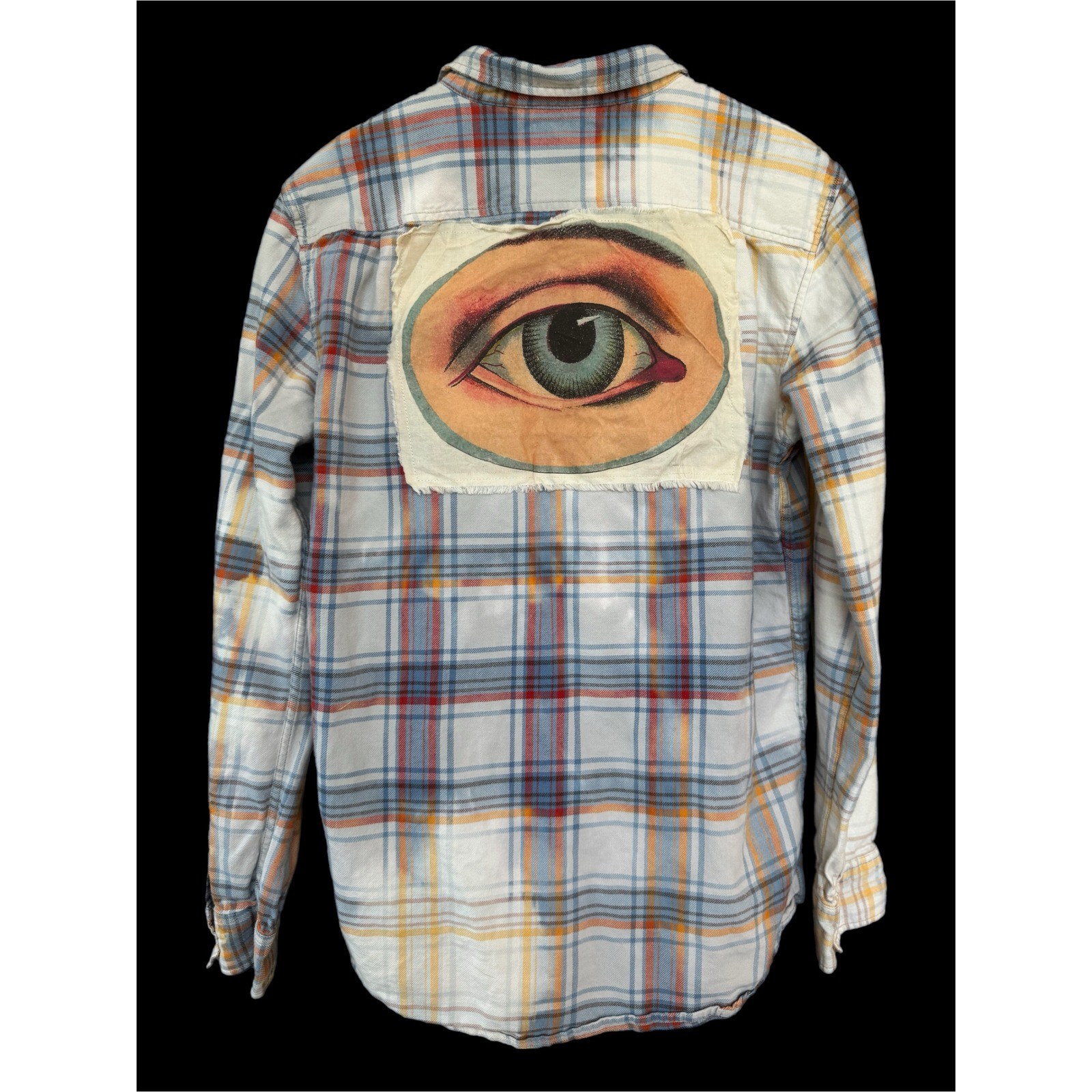 Upcycled Eye Patch Flannel Shirt Medium | Folk Art Plaid Button Down