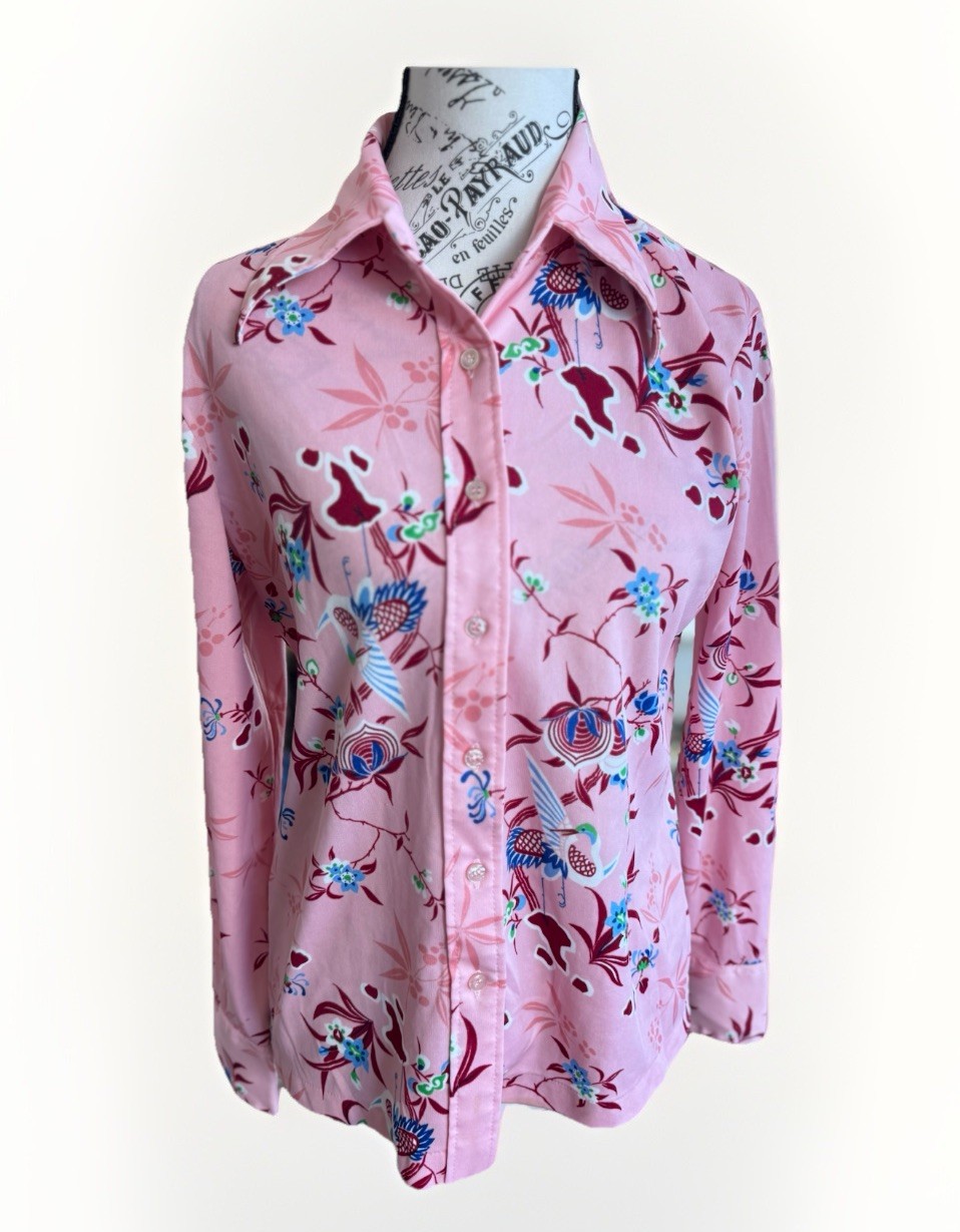 Vintage 70s Lerner Shops Pink Boho Birds & Floral Long Sleeve Button Down Top