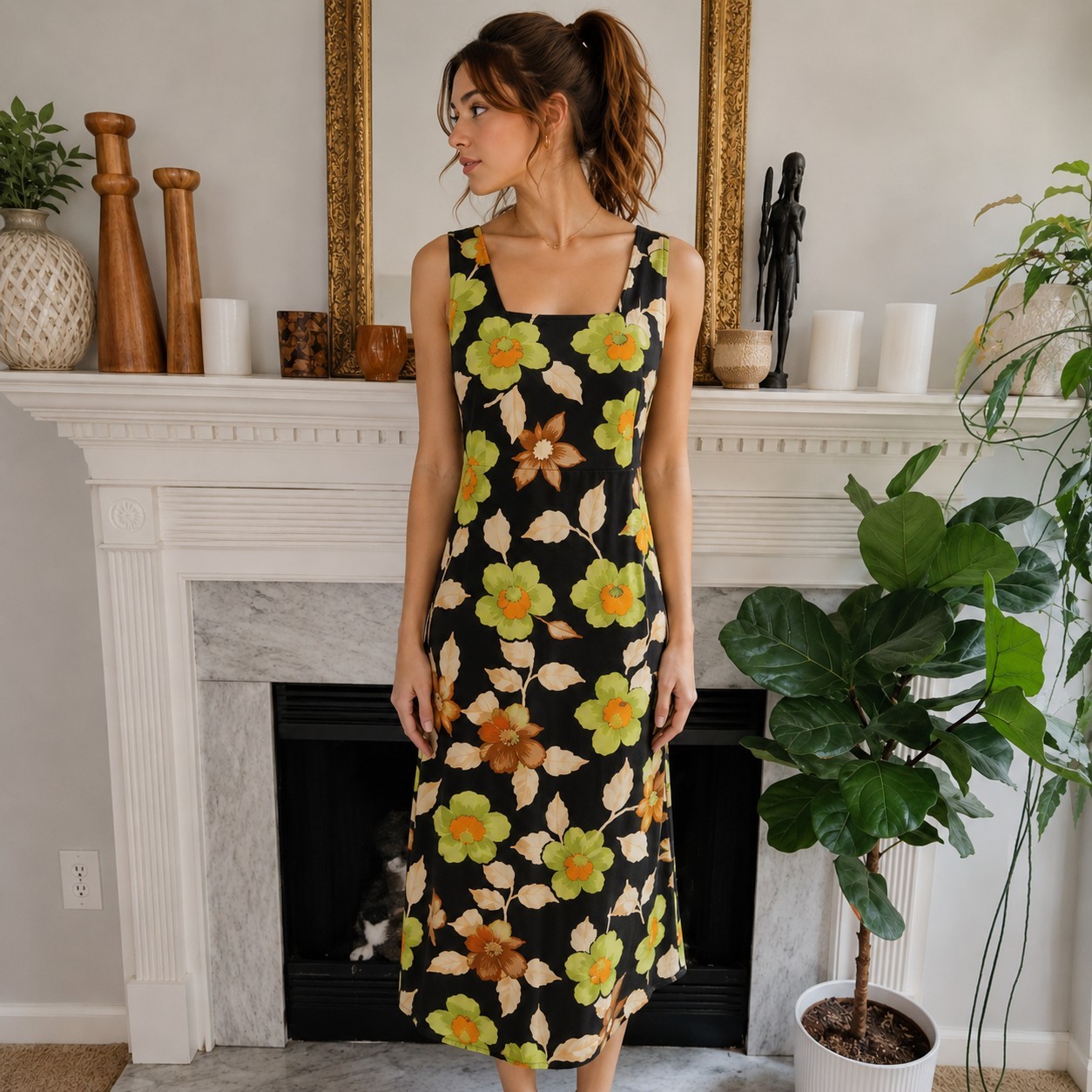 Vintage 90s Black Floral Maxi Dress Green Summer Tank Cottagecore Size Medium