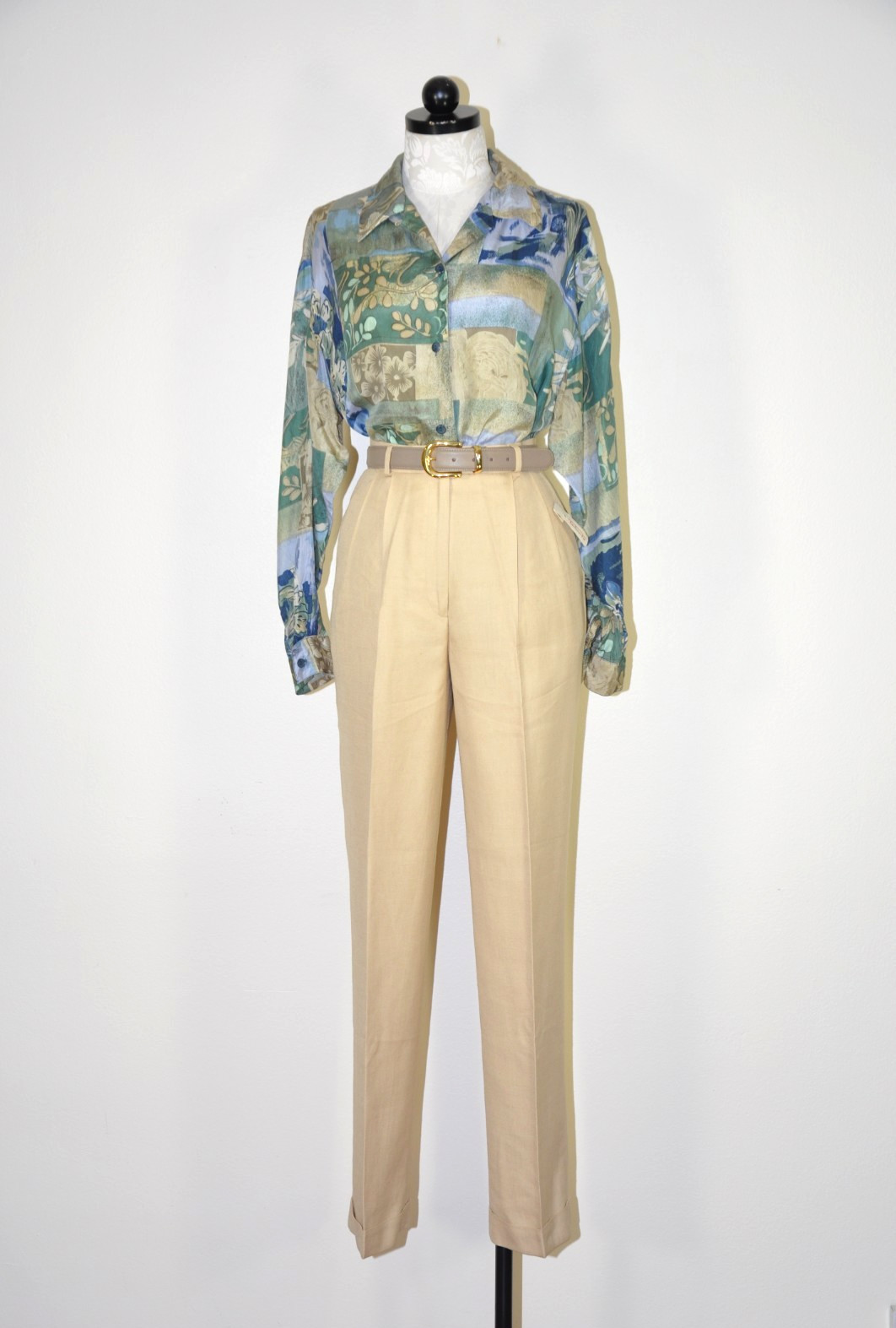 90s Vintage Green Silk Botanical Floral Print Oversized Shirt Blouse Top Women M